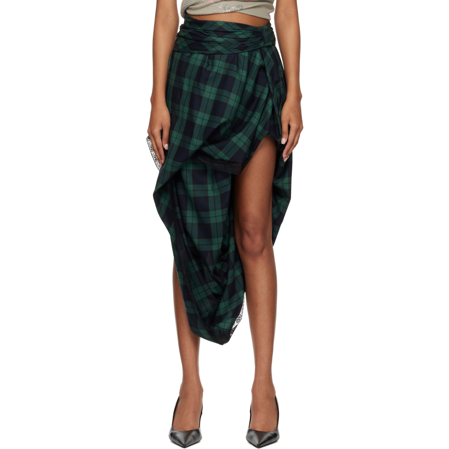 Diesel Green & Navy Lace Trim Draped Tartan Midi Skirt