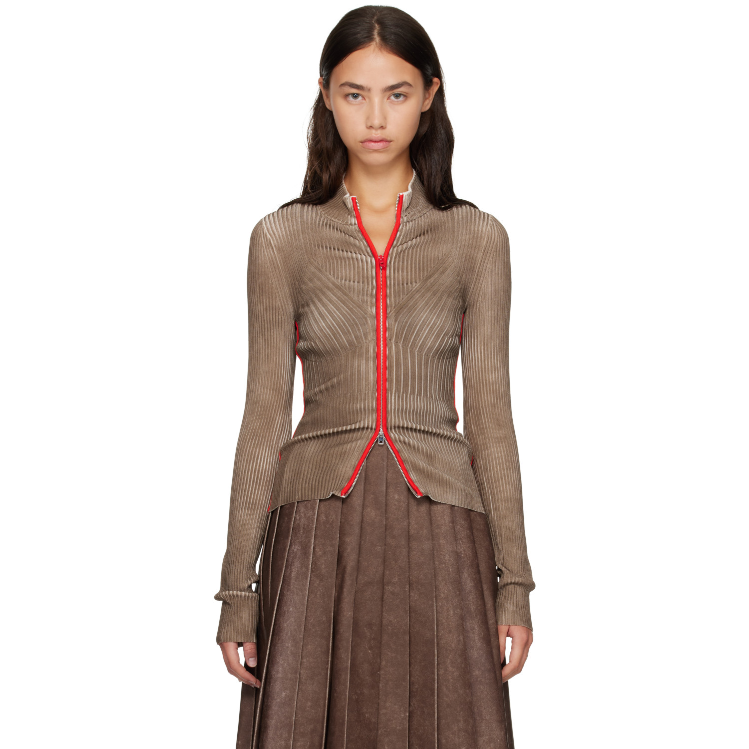 Diesel Brown & Red Ribbed Zip Cardigan