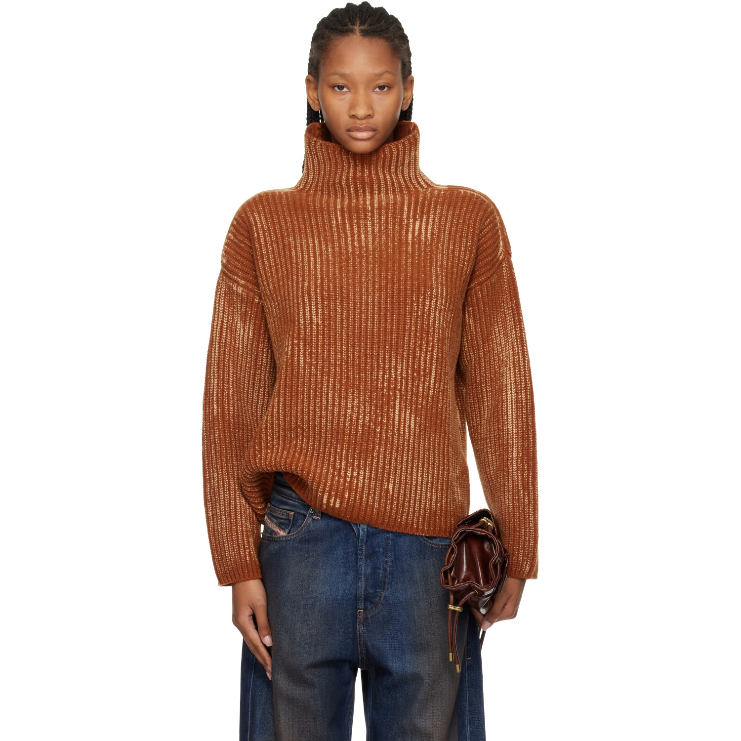 Diesel Brown Ribbed Wool Blend Funnel-Neck Sweater