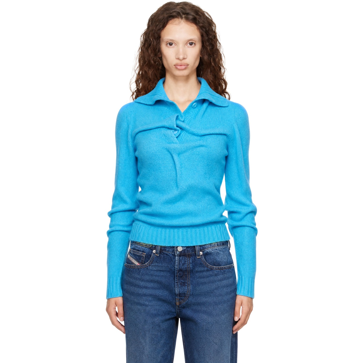 Diesel Blue Button-Neck Wrinkled Boiled Knit Turtleneck