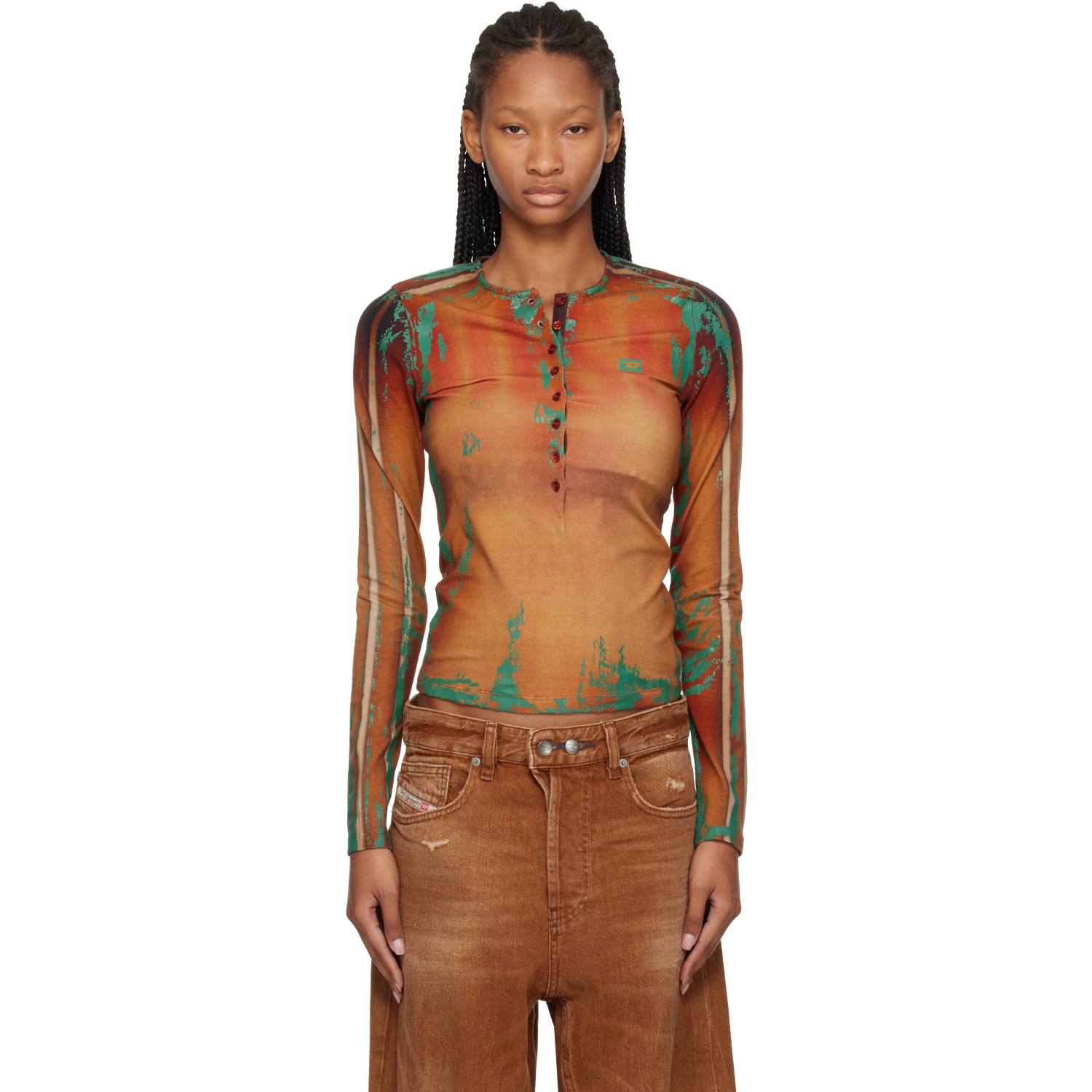 Diesel Brown Cracked Leather-Effect Jersey Top