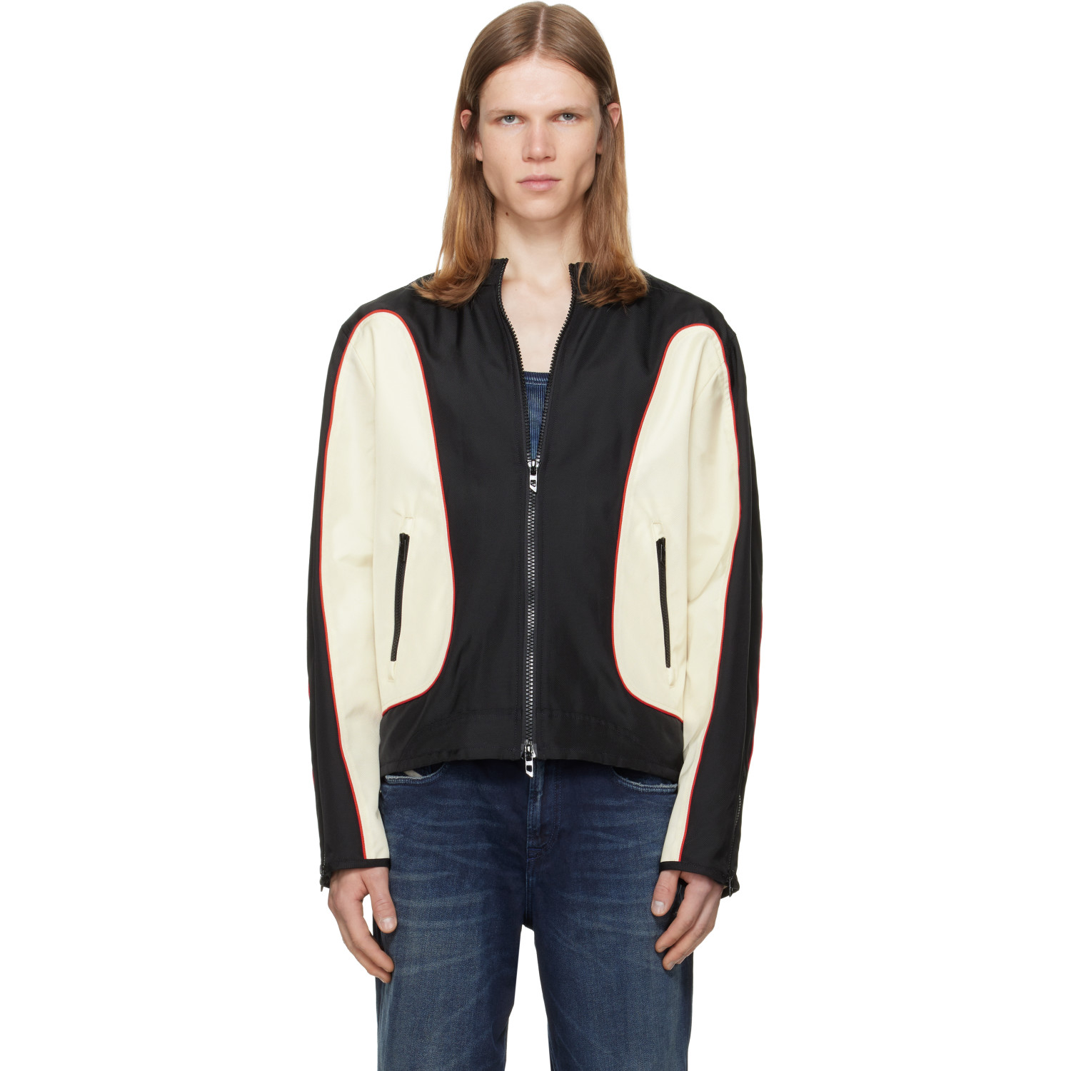 Diesel Black & Off-White Nylon Color Block & Piping Details Jacket