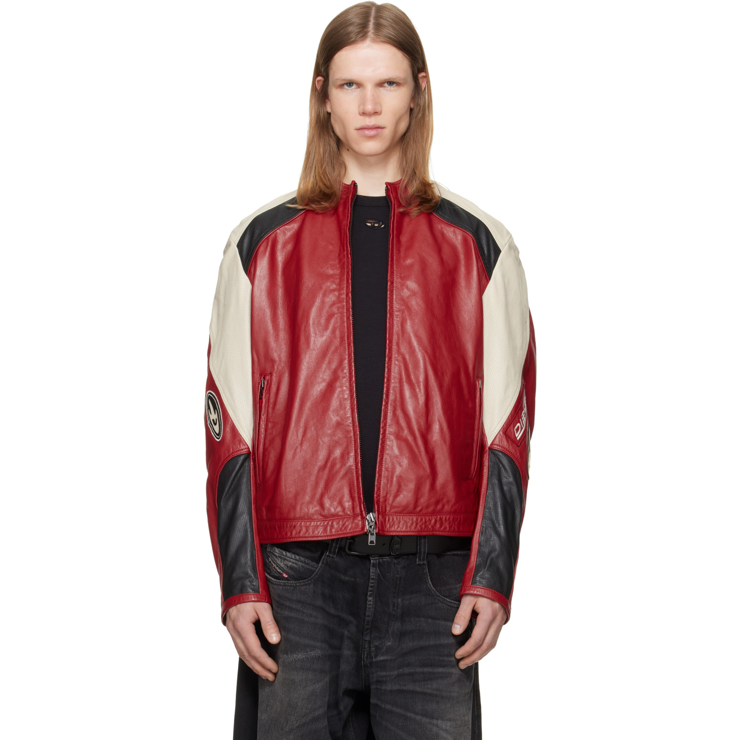 Diesel Red Colour-Block Perforated Leather Biker Jacket