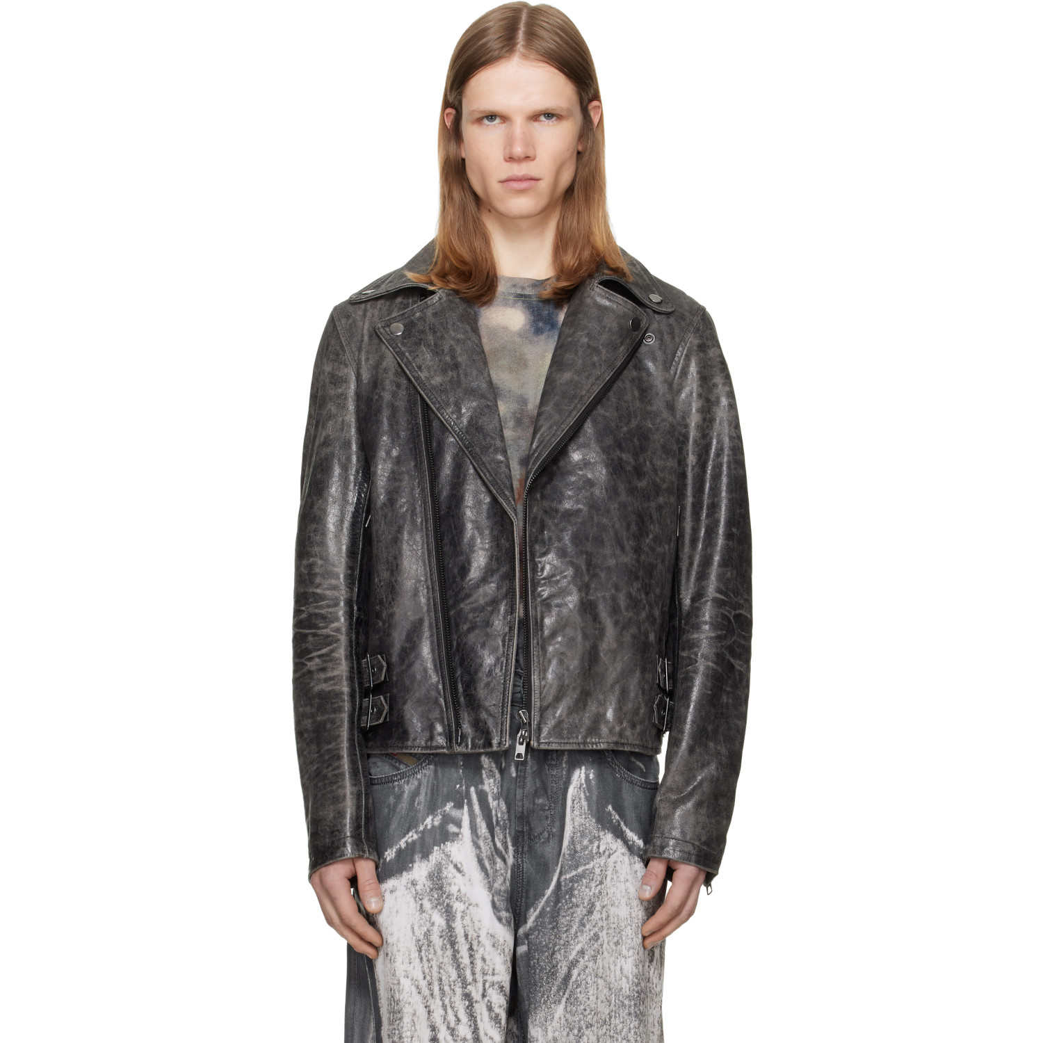 Diesel Gray Treated Leather Biker Jacket