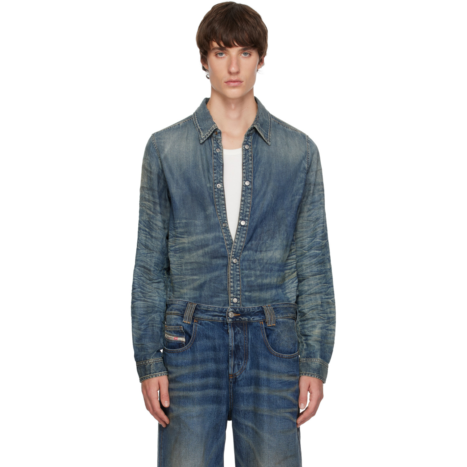 Diesel Blue Dirty-Effect Creased Denim Shirt