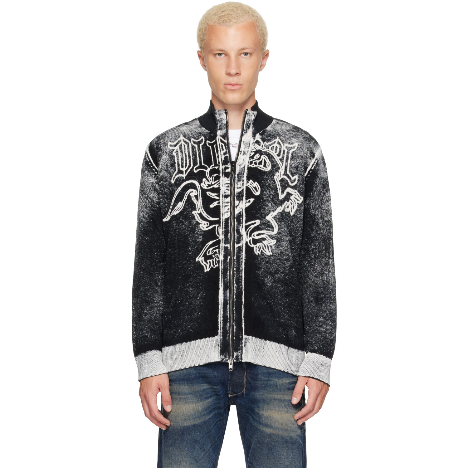 Diesel Black Griffin Motif Zip Sweater