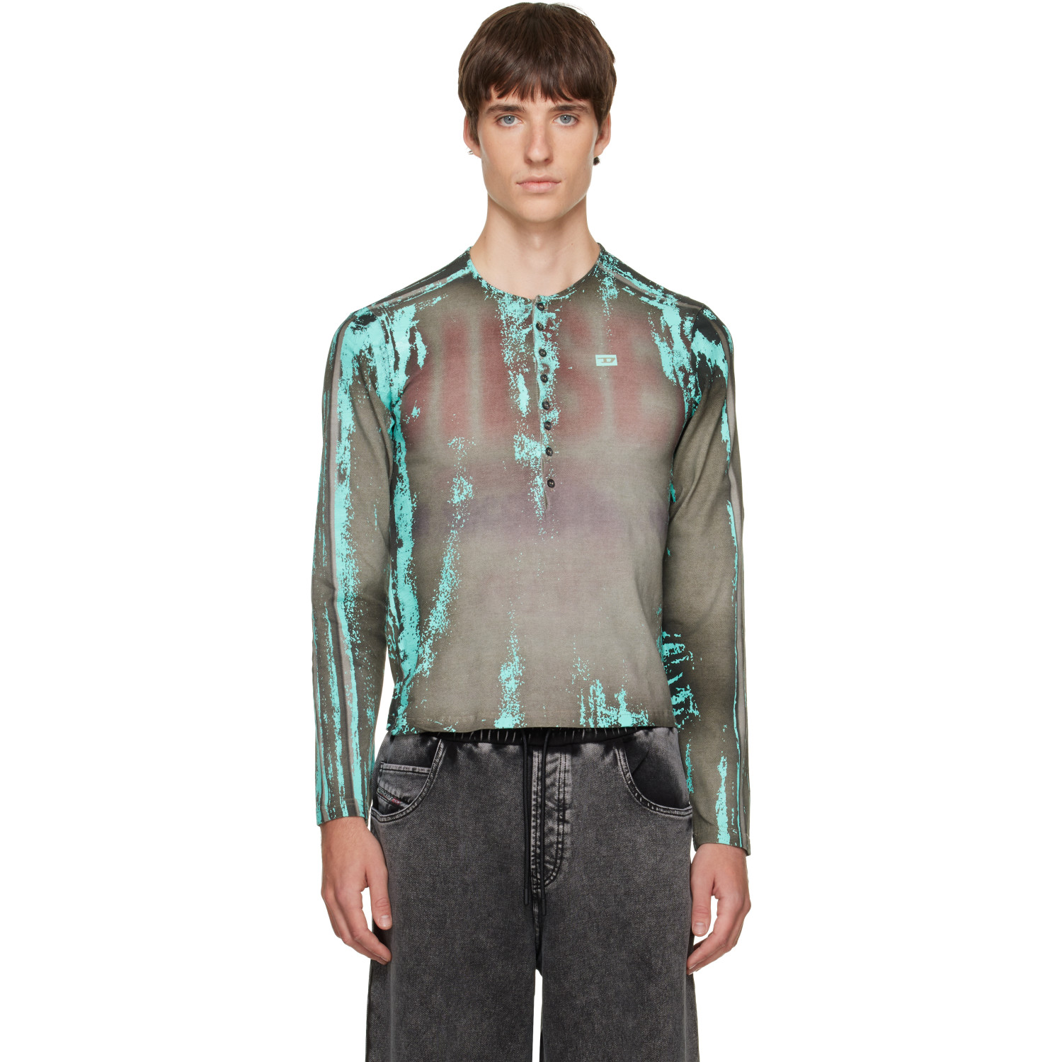 Diesel Gray Grandad Cracked Leather-Effect Jersey Henley