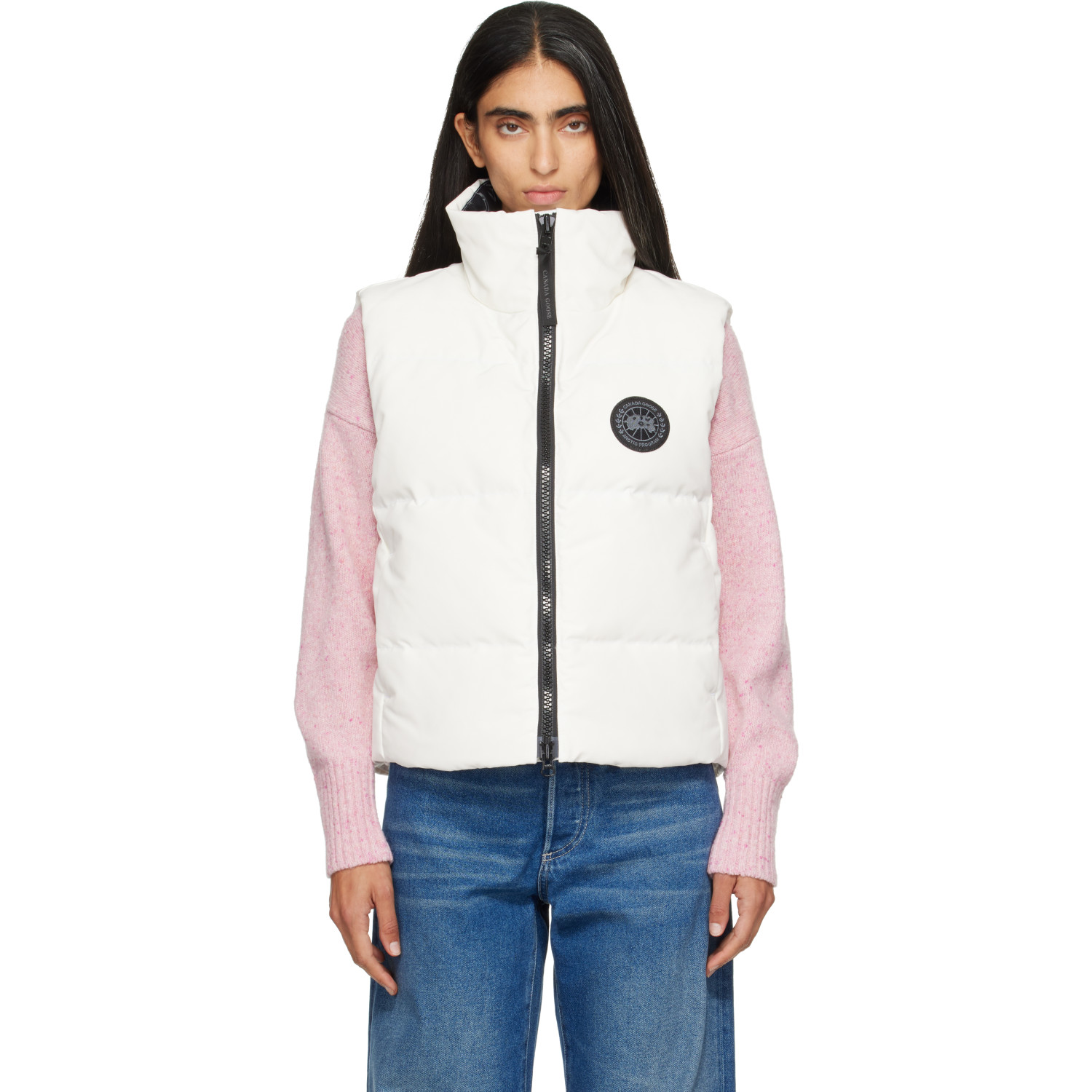 Canada Goose White Grandview Black Disc Cropped Down Vest