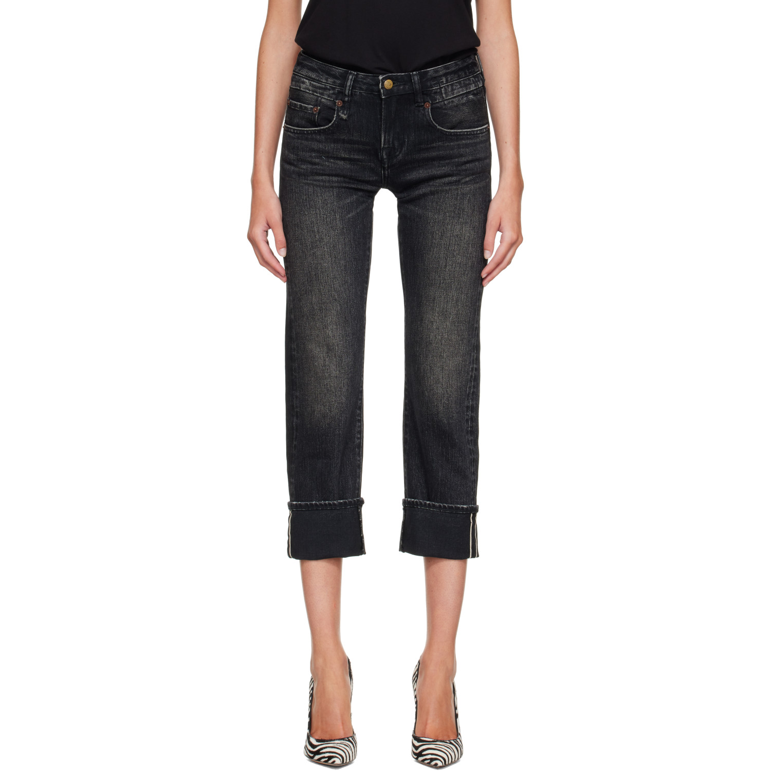 R13 Black Cuffed Boy Straight Jeans