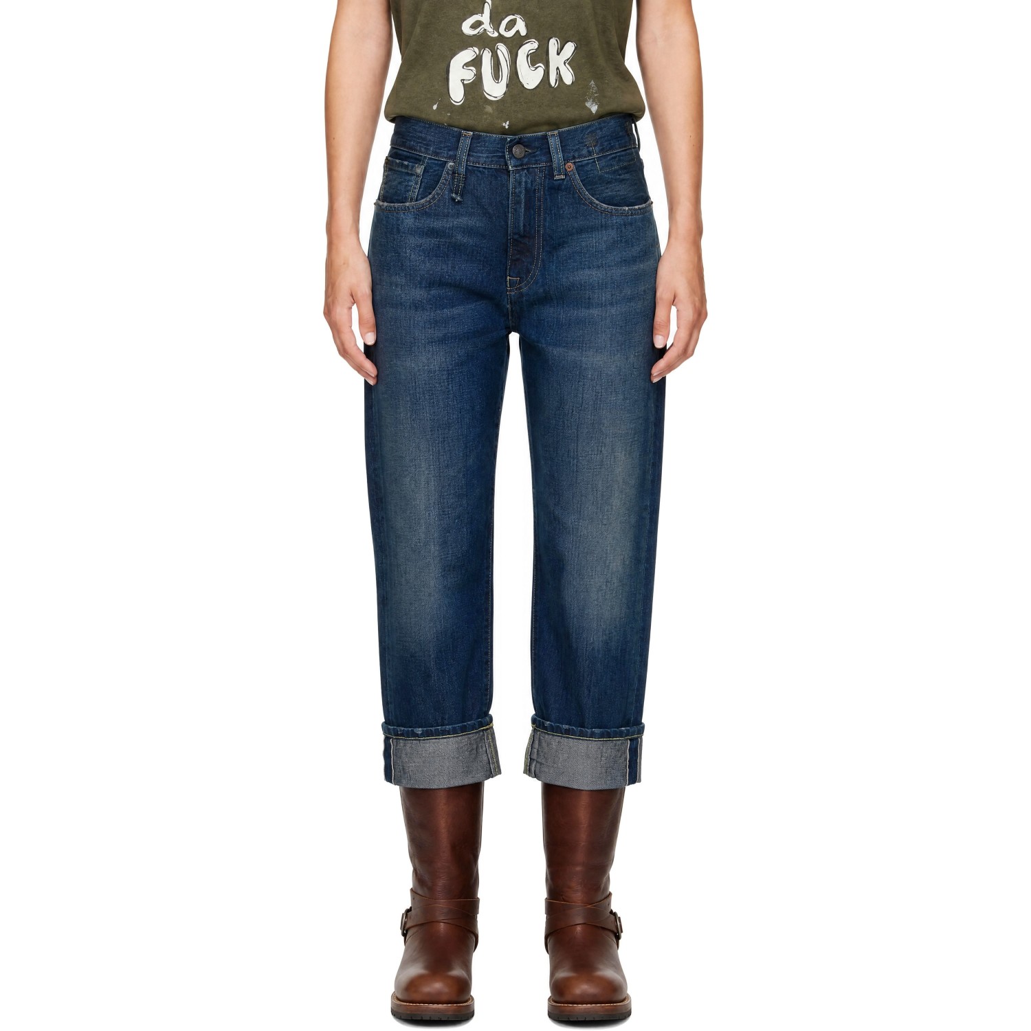 R13 Blue Cuffed Boyfriend Jeans