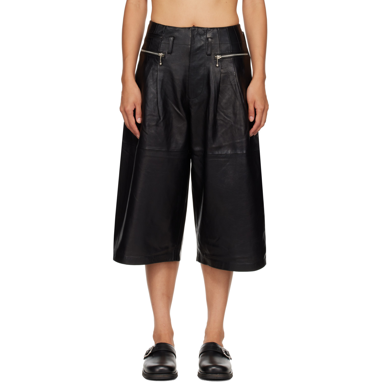 R13 Black Triple Pleat Culotte Leather Shorts