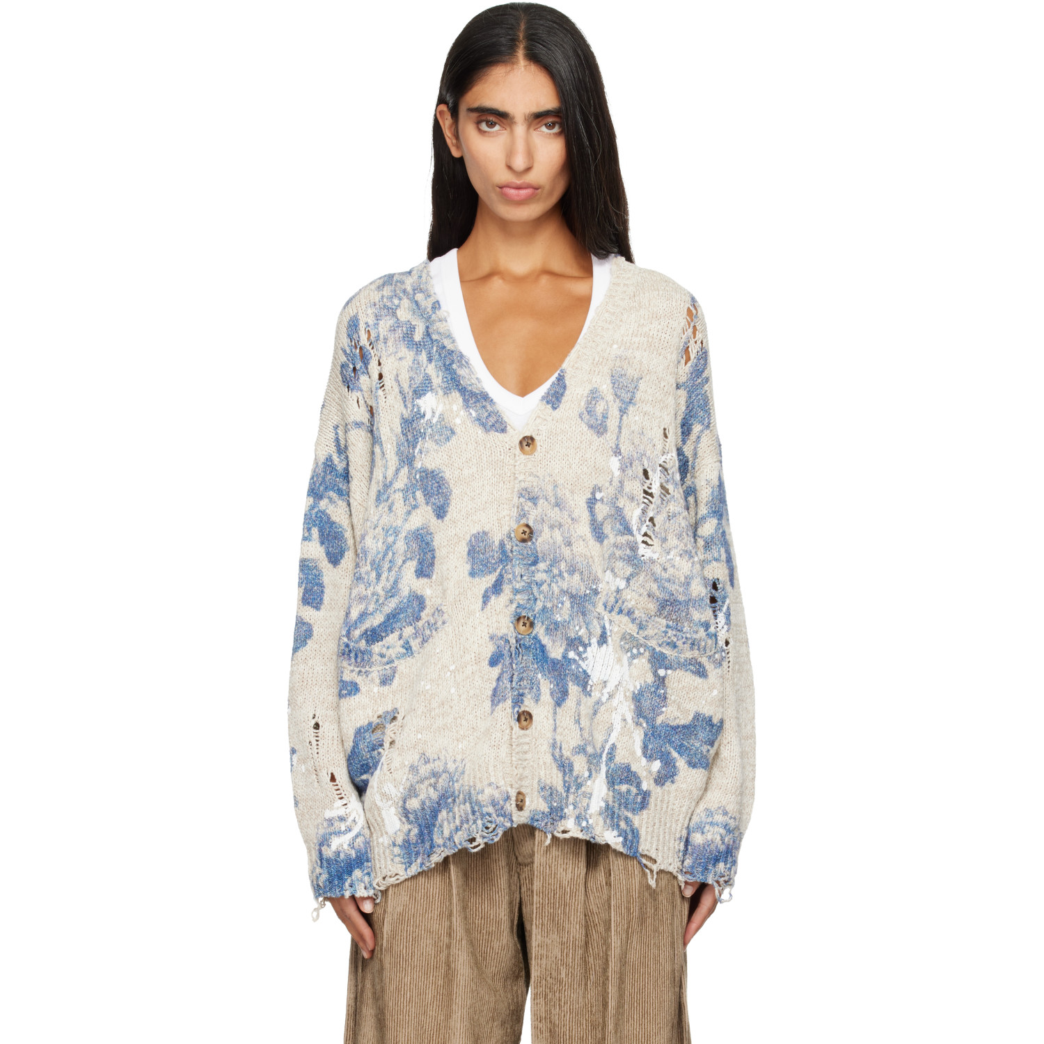 R13 Off-White & Blue Printed Oversized Cardigan