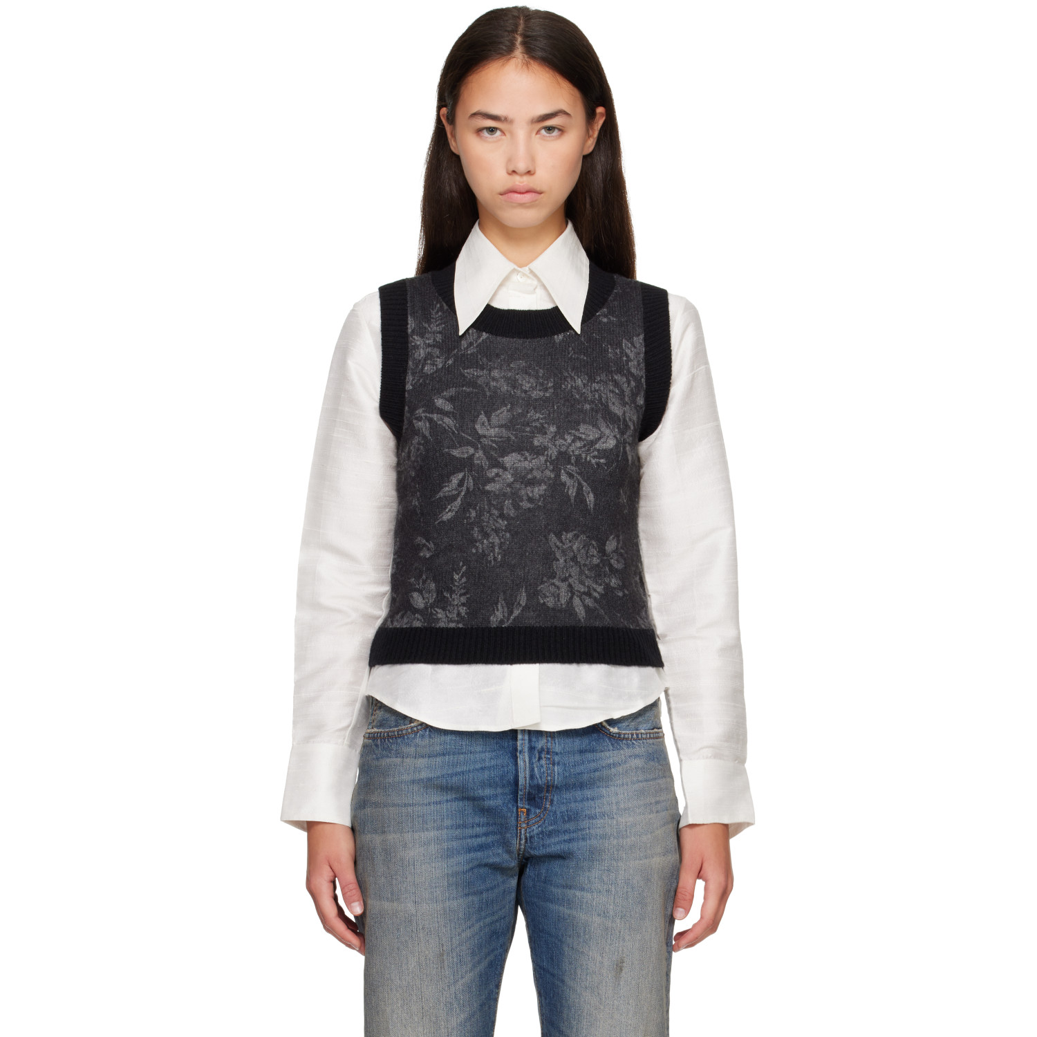 R13 Black & Gray Shrunken Crewneck Sweater Vest