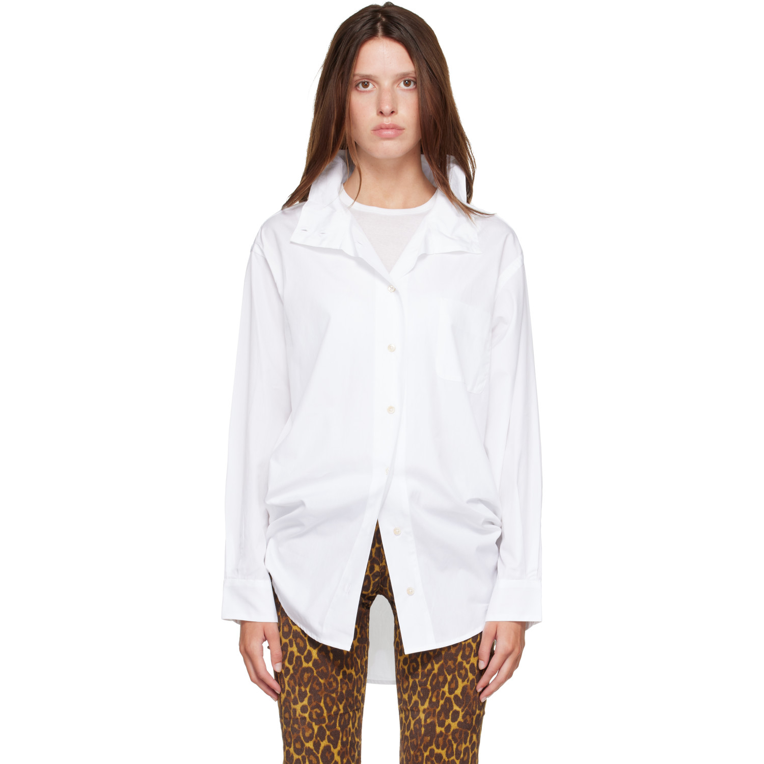 R13 White Tall Collar Boyfriend Button Up Shirt