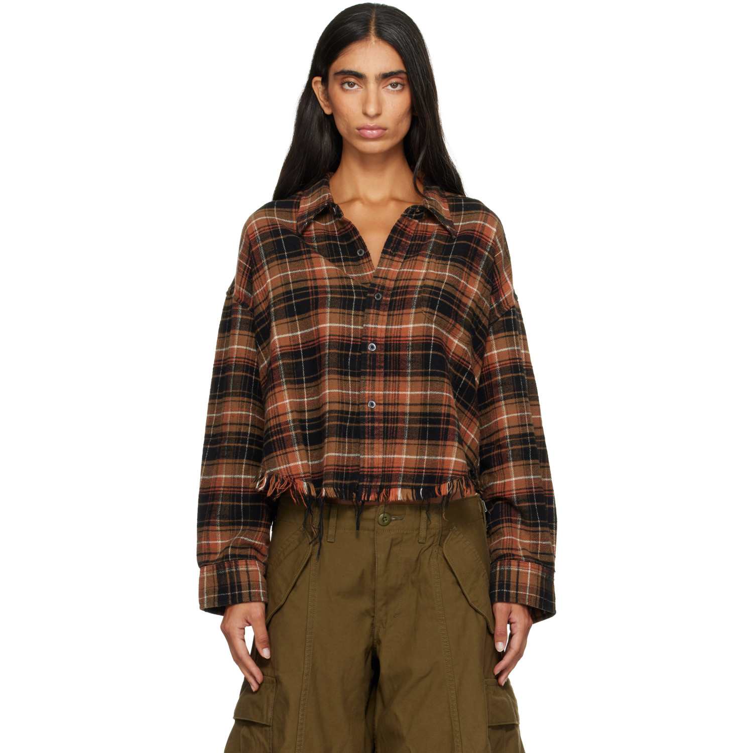 R13 Brown Drop Neck Cropped Shirt