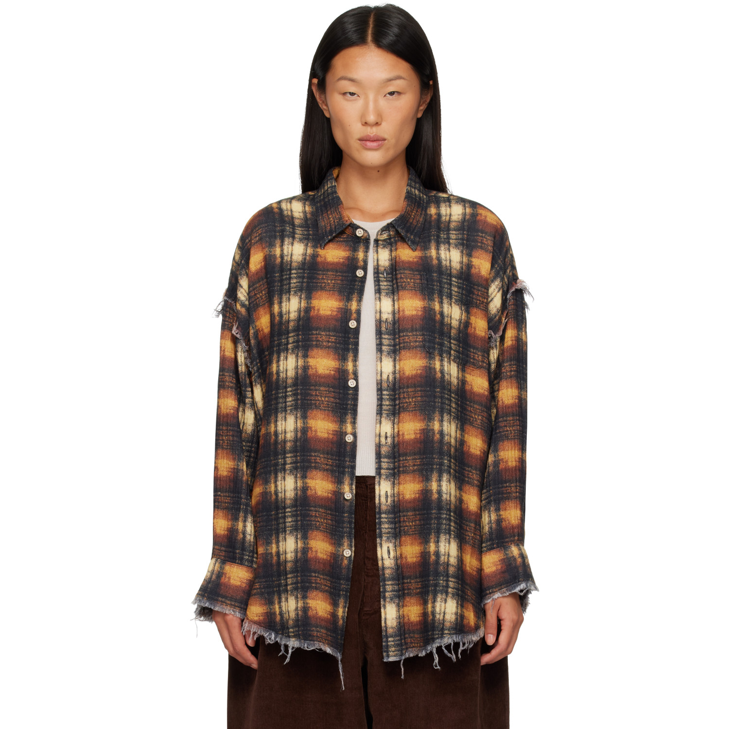 R13 Khaki & Black Shredded Seam Drop Neck Shirt