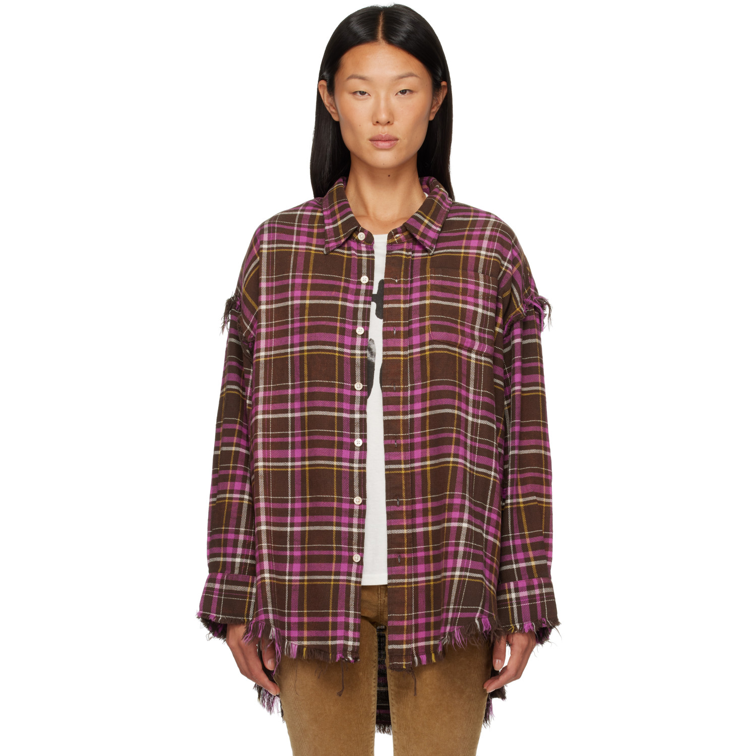 R13 Brown & Pink Shredded Seam Drop Neck Shirt