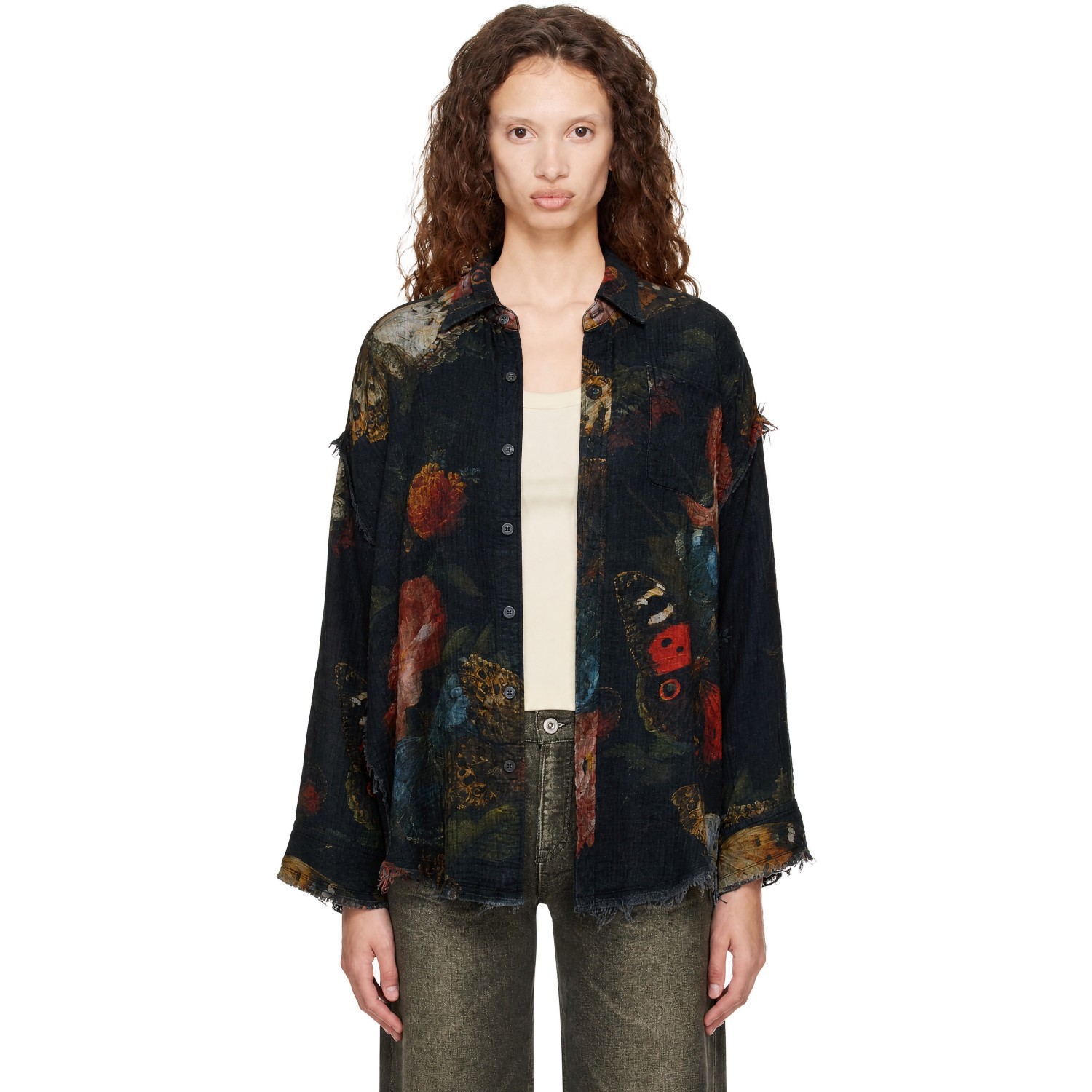 R13 Black Reversible Shredded Seam Drop Neck Shirt