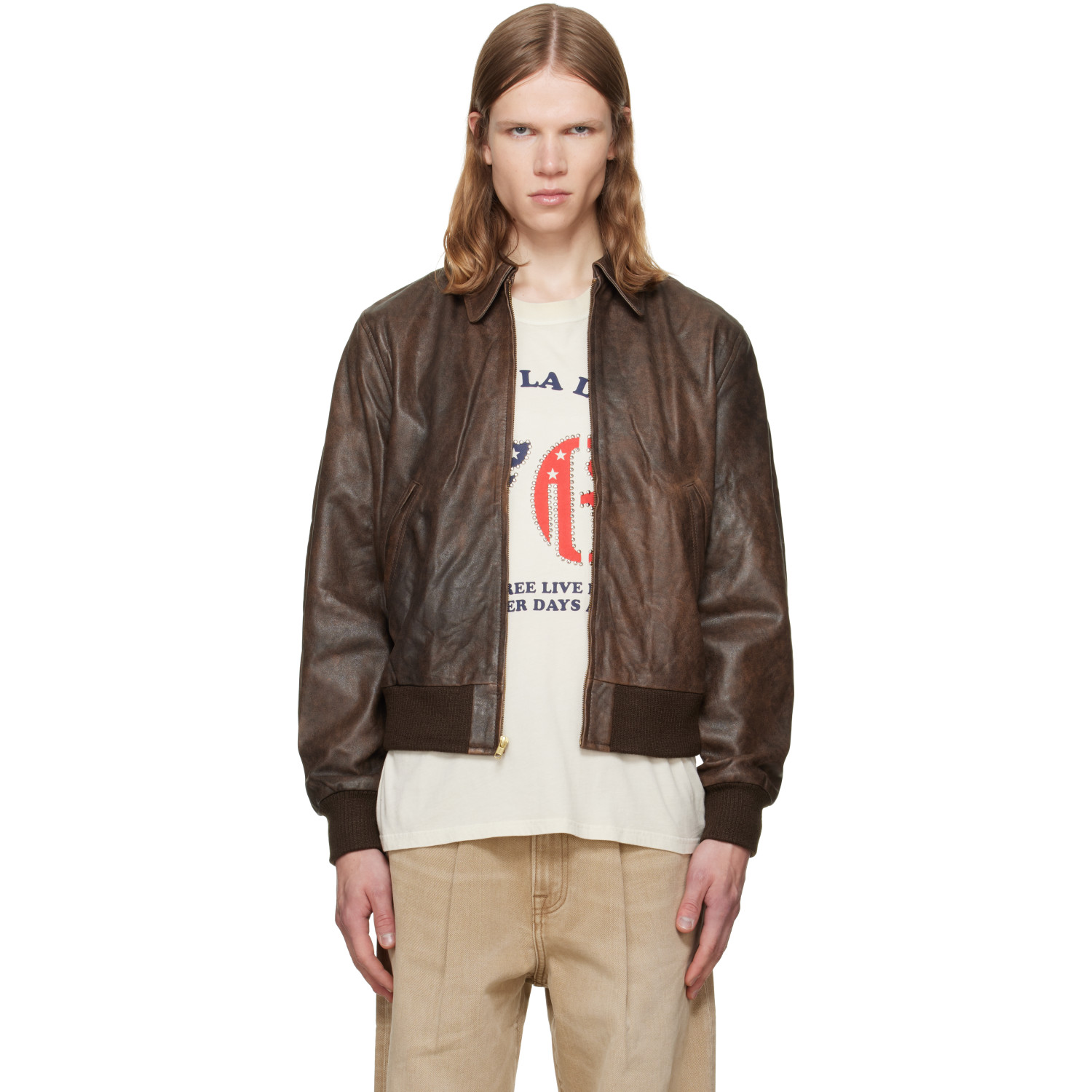 R13 Brown Boyfriend Leather Bomber Jacket