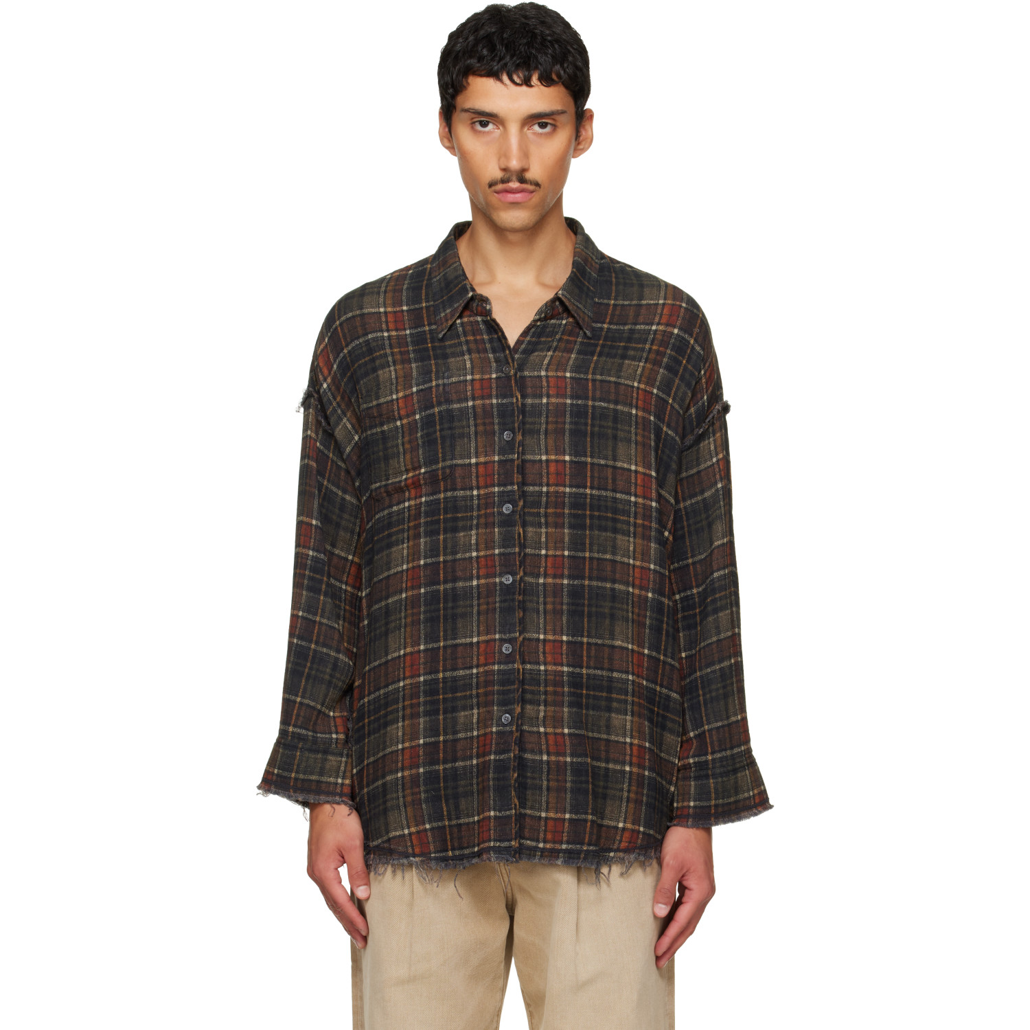 R13 Brown Shredded Seam Drop Neck Reversible Shirt