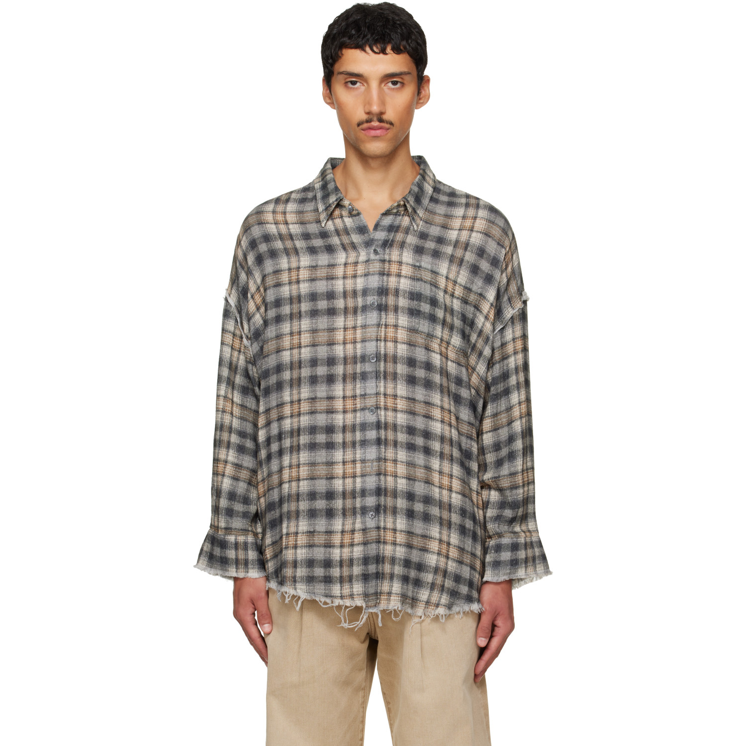 R13 Gray Shredded Seam Drop Neck Shirt