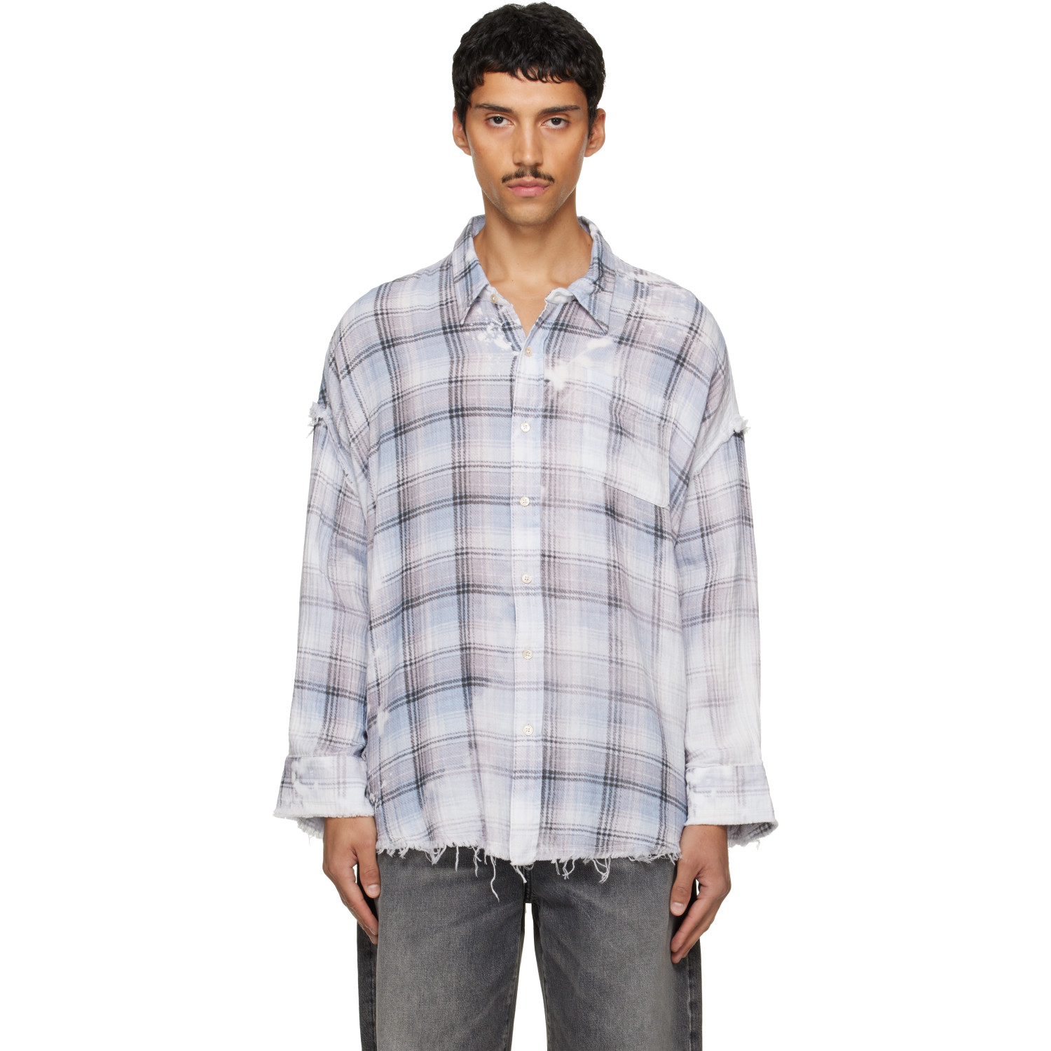 R13 Blue Shredded Seam Drop Neck Shirt