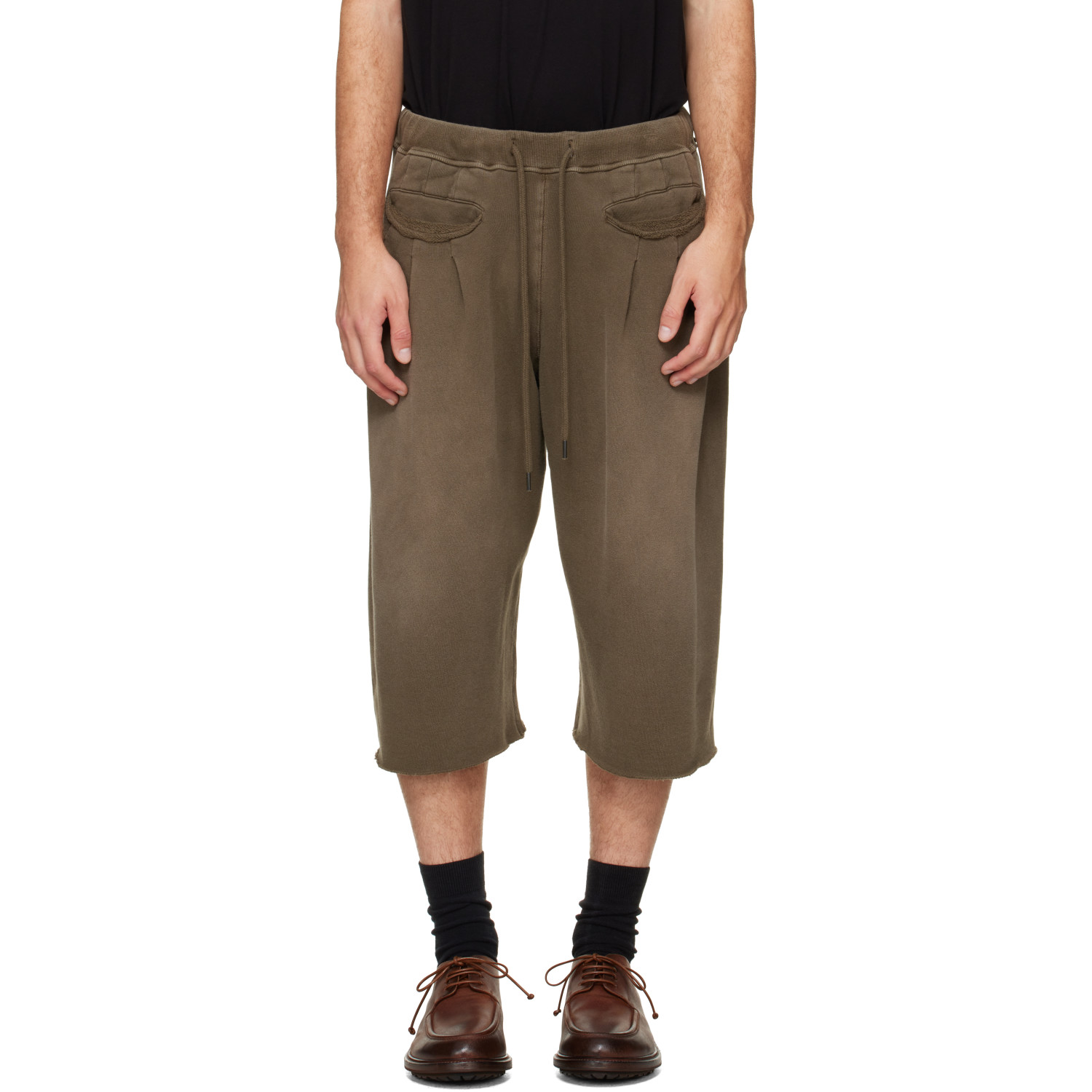 R13 Khaki Triple Pleat Sweat Shorts