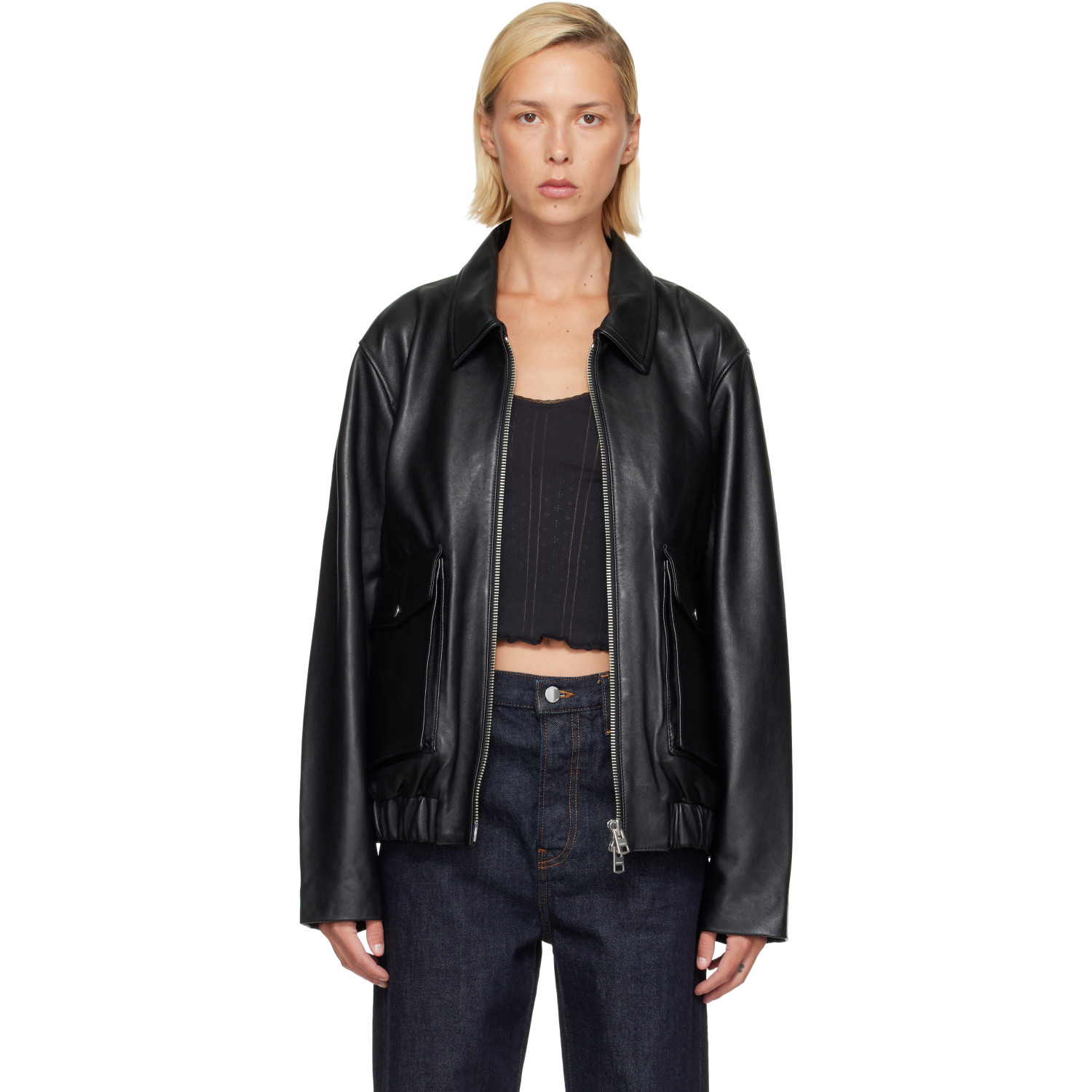 Citizens of Humanity Black Zip Front Leather Bomber Jacket
