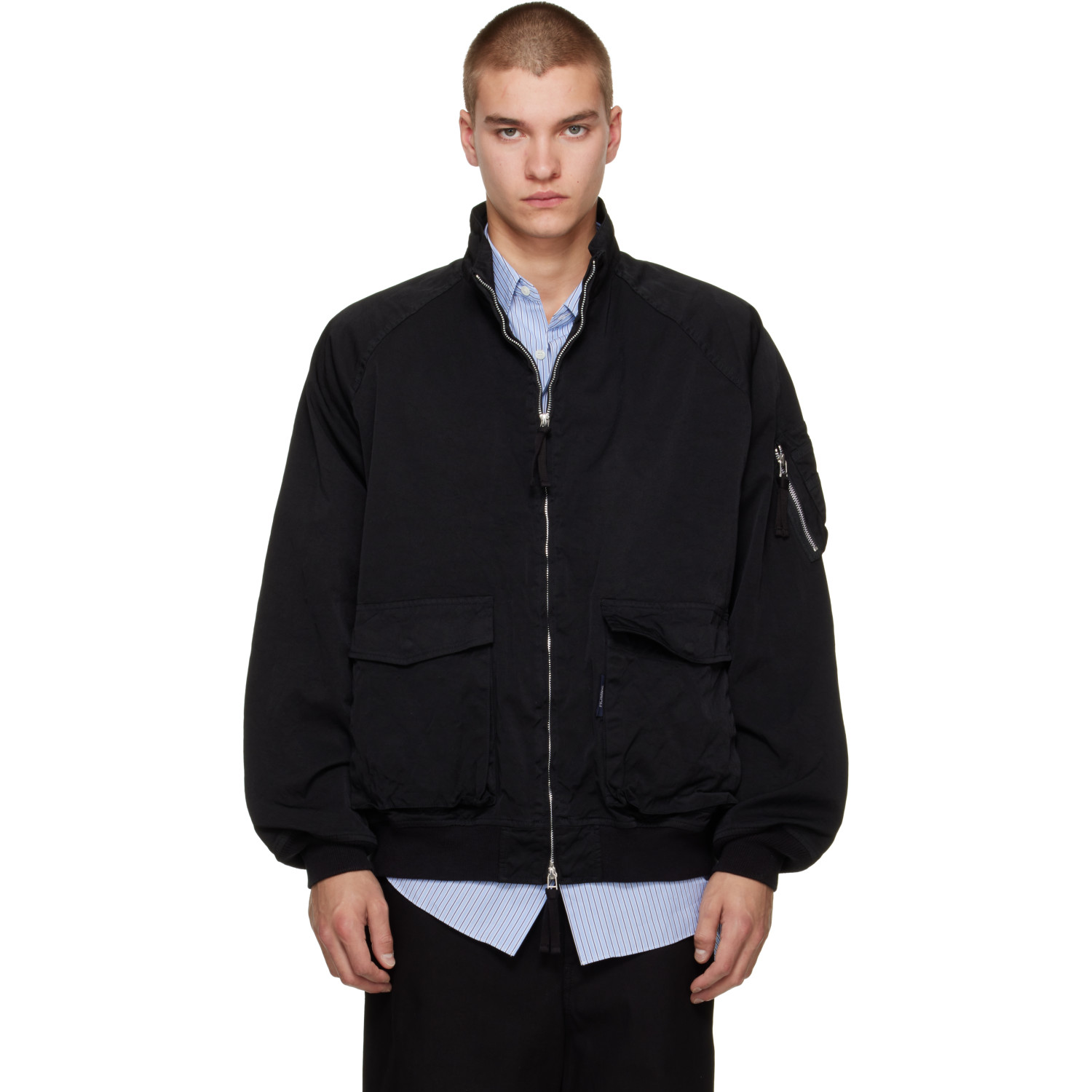 Comme des Garçons Homme Black Garment Dyed Nylon Zip Up Bomber Jacket