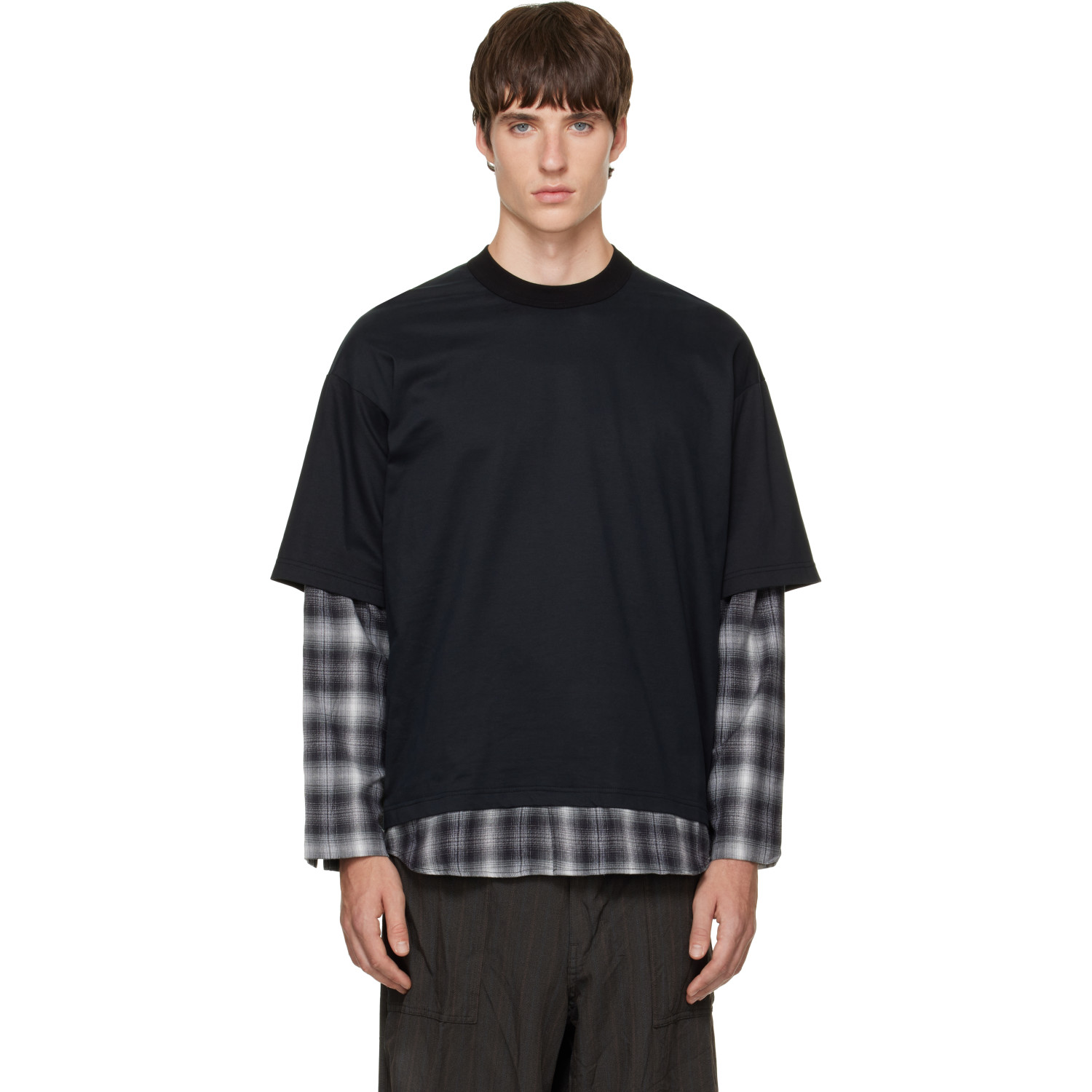 Comme des Garçons Homme Black & Gray Cotton Jersey Ombre Check Long Sleeve T-shirt