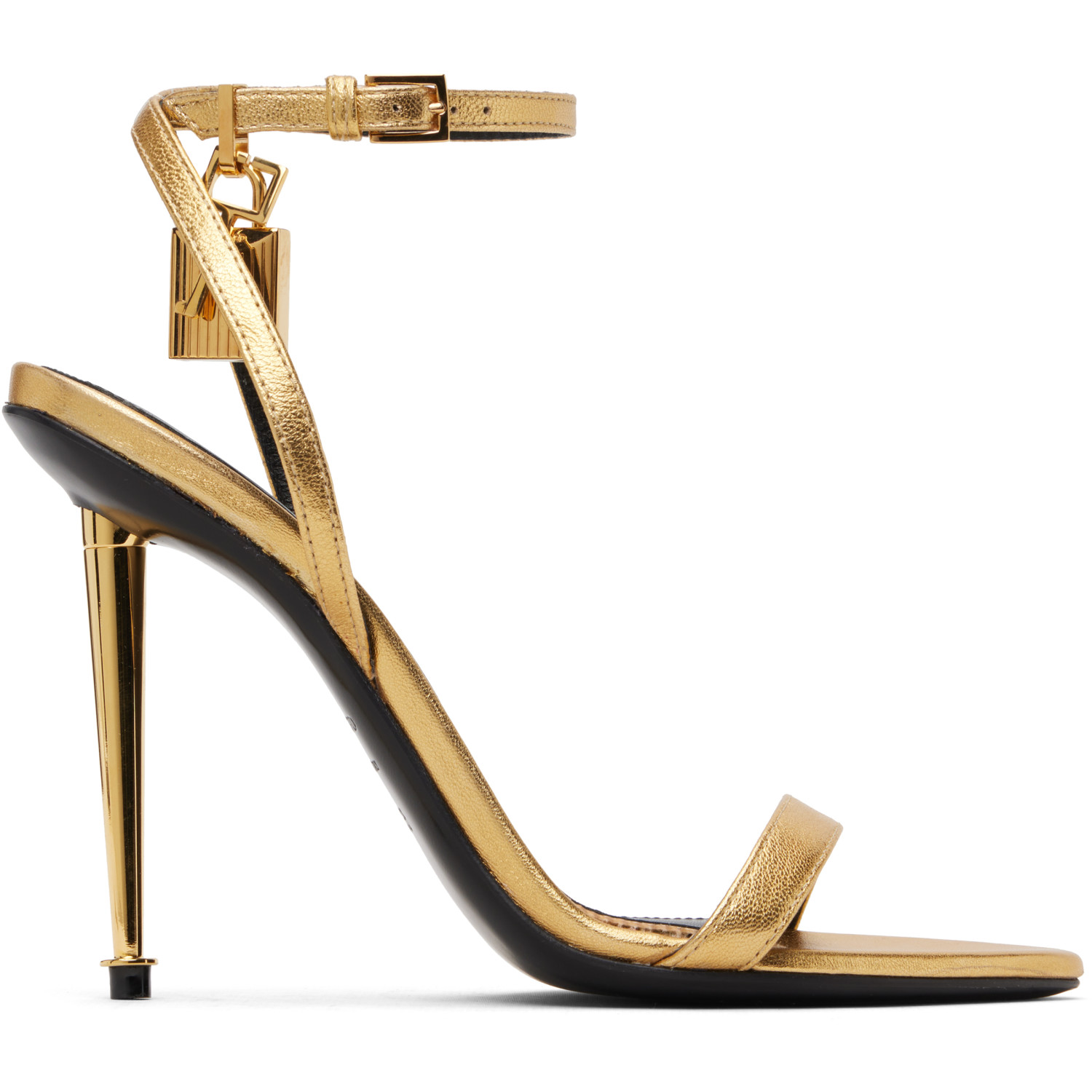 TOM FORD Gold Laminated Padlock Pointy Naked Heeled Sandals