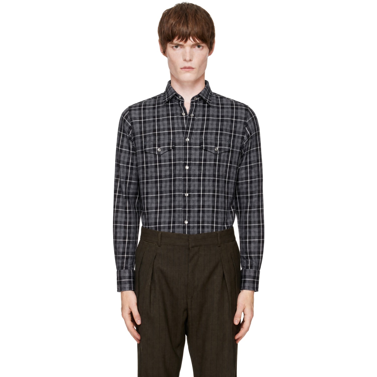 TOM FORD Gray Grand Twill Check Western Shirt