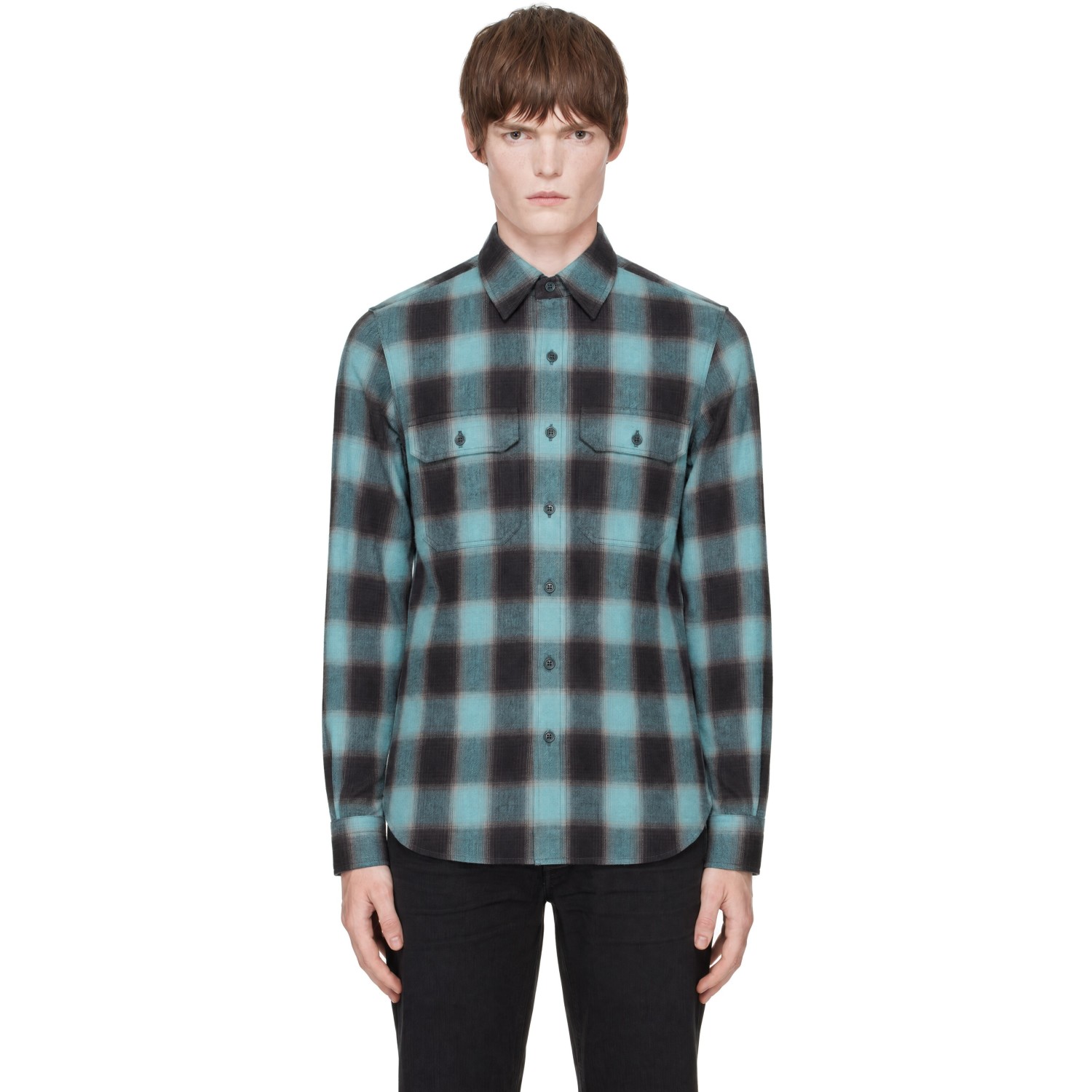 TOM FORD Blue Brushed Check Military Fit Shirt