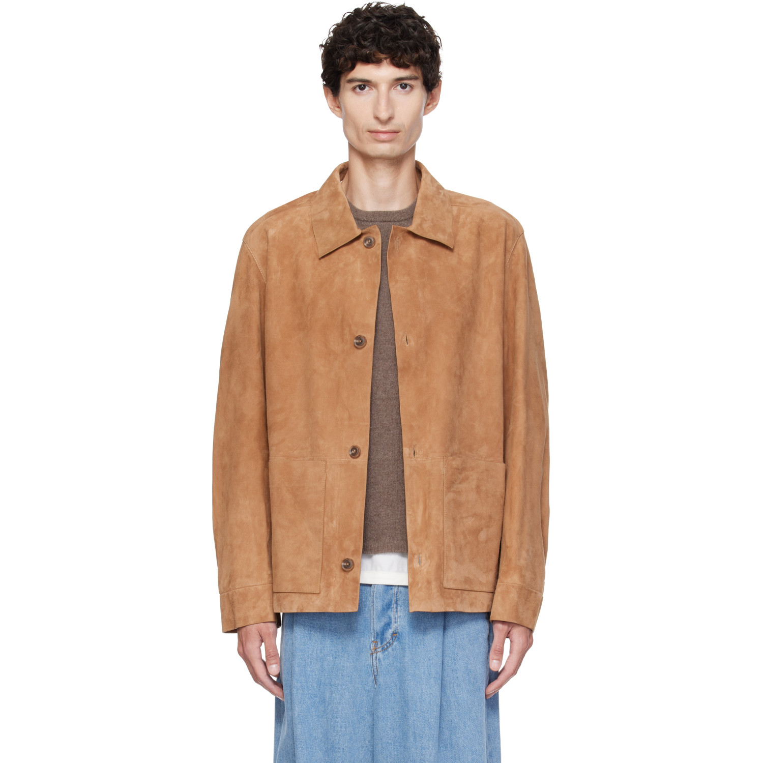 BOSS Tan Button-Up Suede Checkered Lining Leather Jacket