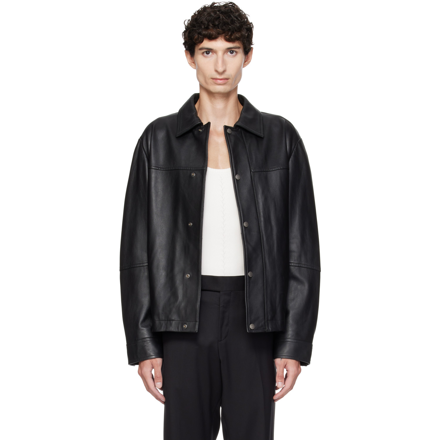 BOSS Black Regular-Fit Metal Logo Buttons Leather Jacket