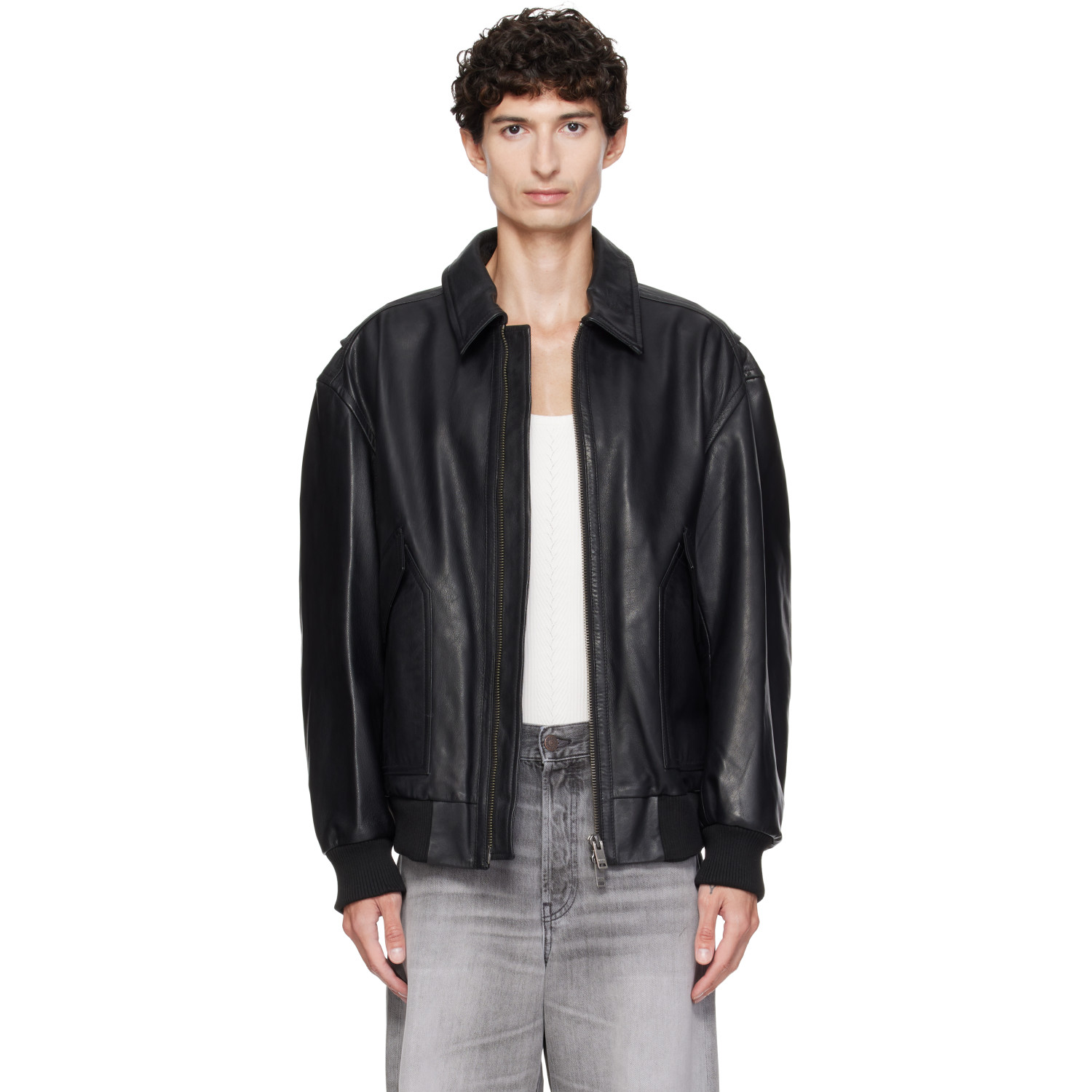 BOSS Black Washed Aviator Leather Jacket