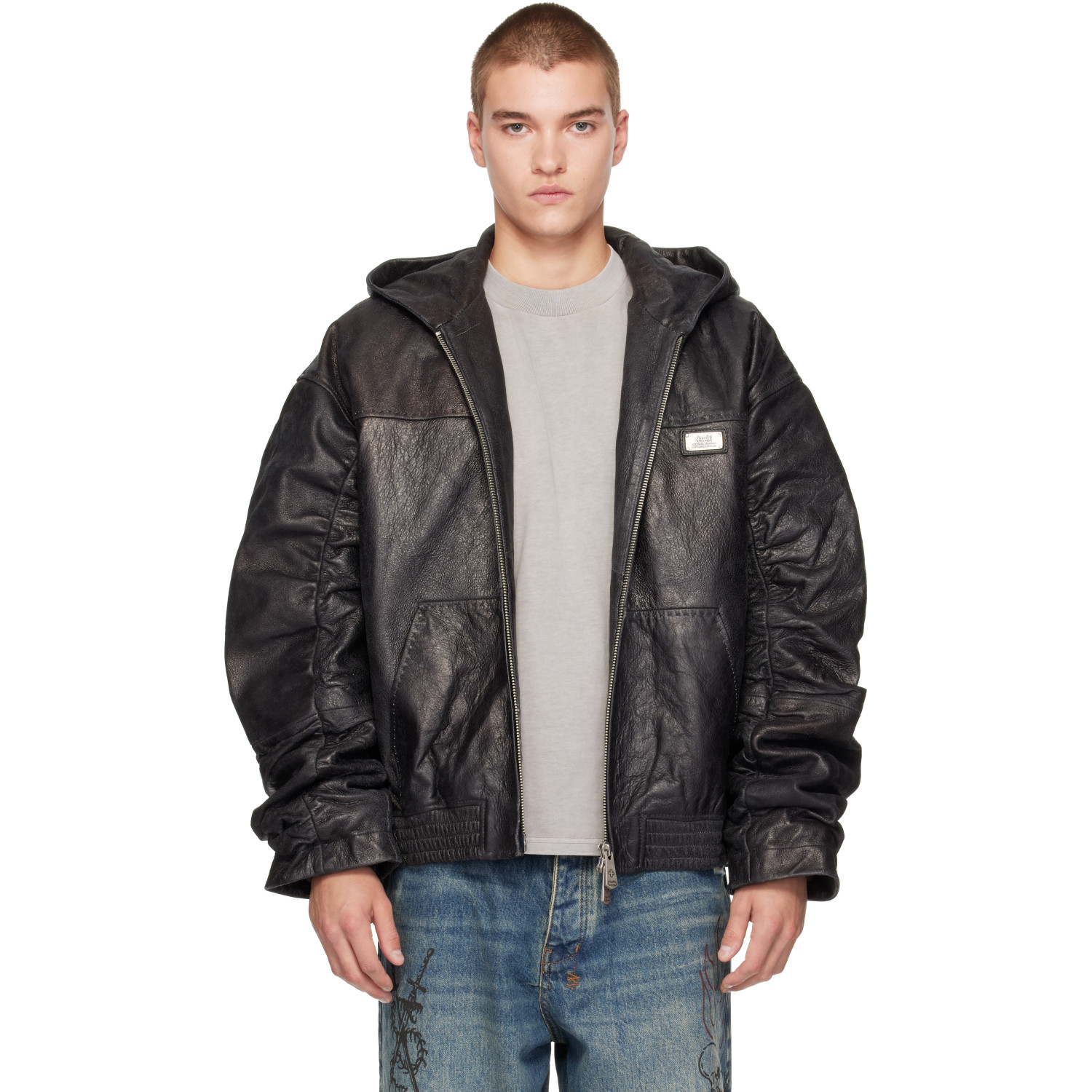Ksubi Black Slouchy Leather Bomber Jacket