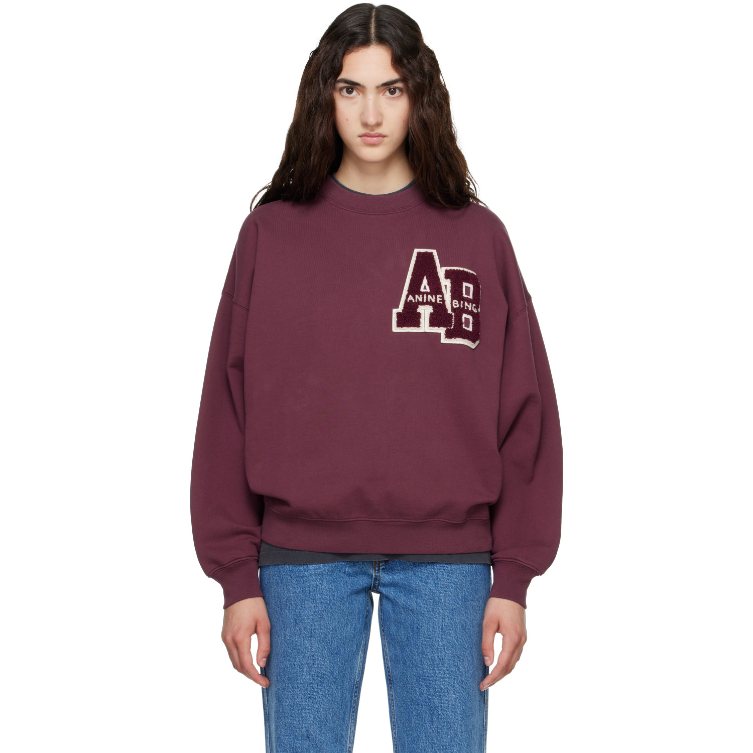 ANINE BING Burgundy Miles Oversized Letterman Sweatshirt