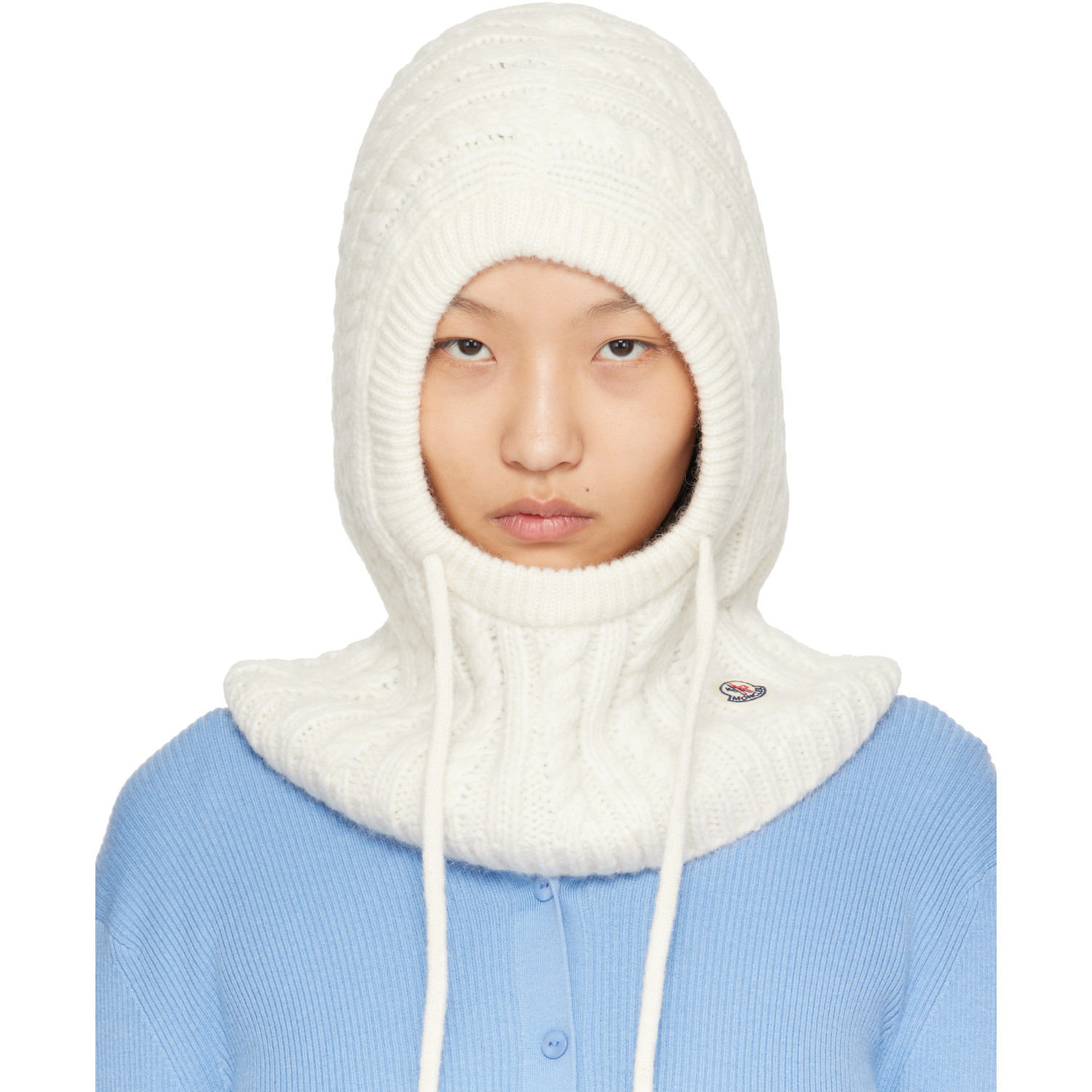 Moncler White Cable Knit Alpaca Blend Balaclava