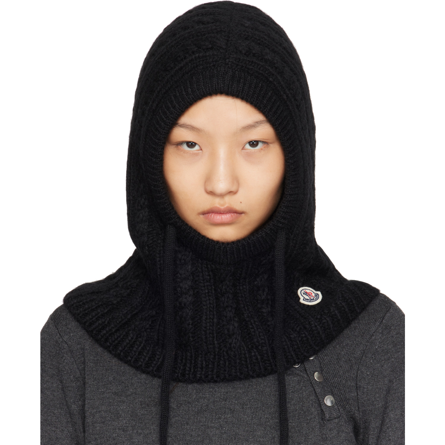 Moncler Black Cable Knit Alpaca Blend Balaclava