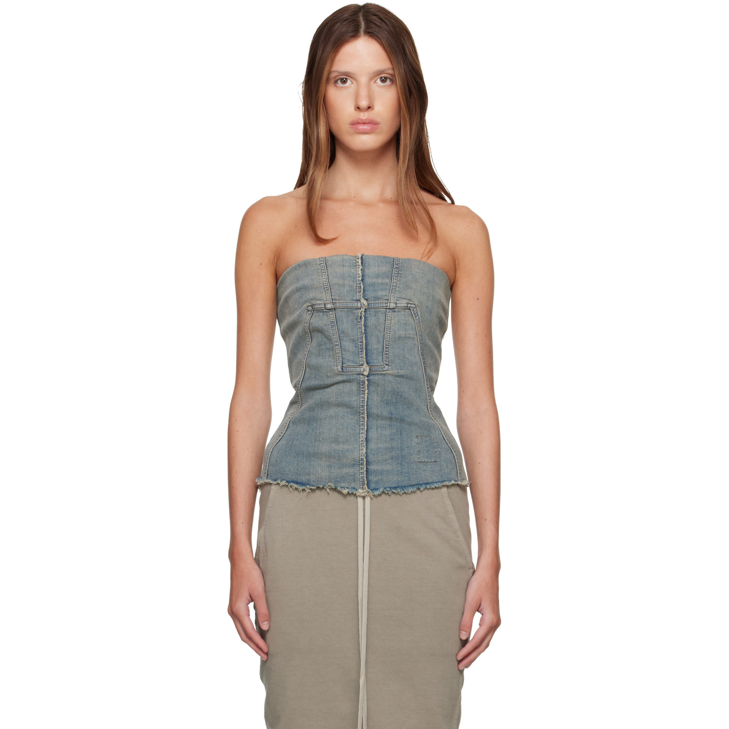Rick Owens DRKSHDW Blue Tower Splintered Denim Bustier Top