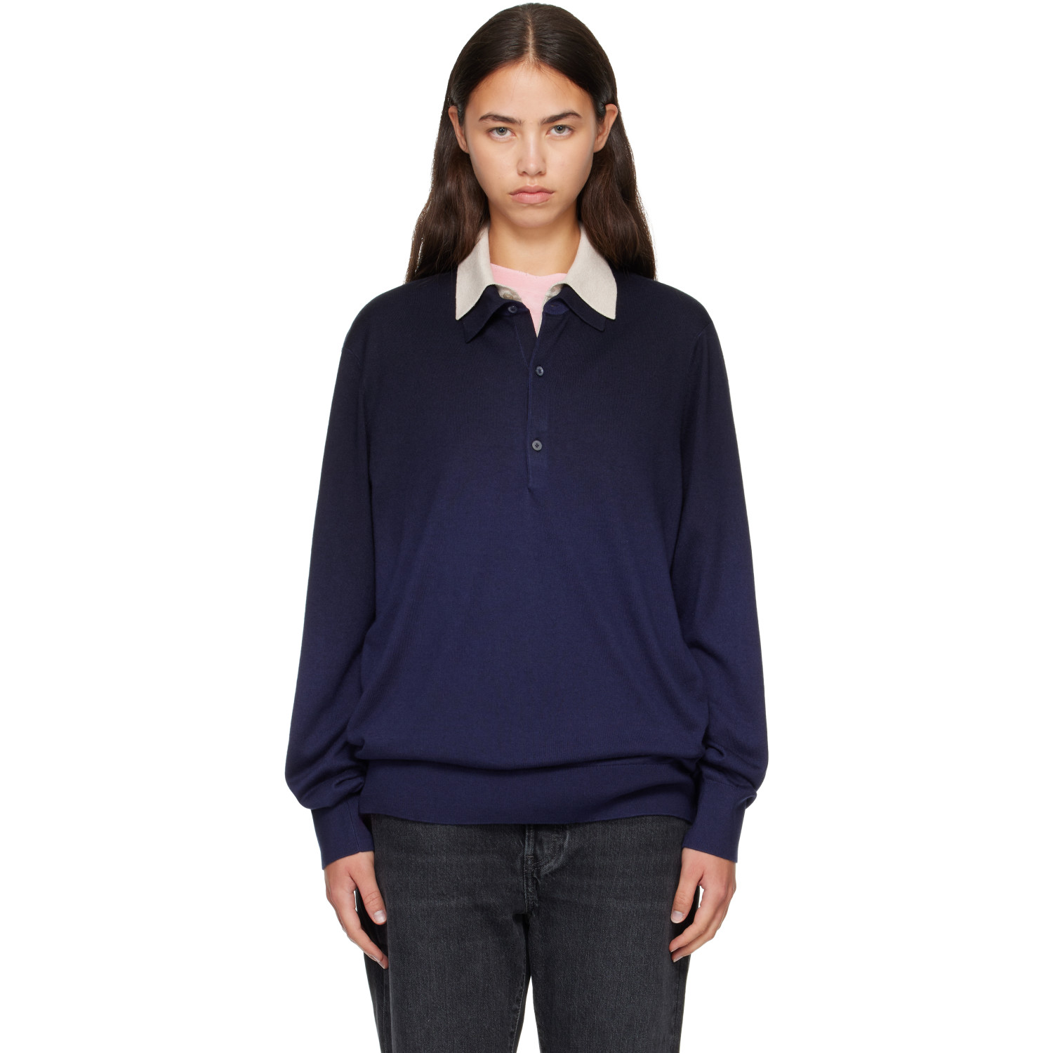 Acne Studios Navy Silk Blend Knit Polo