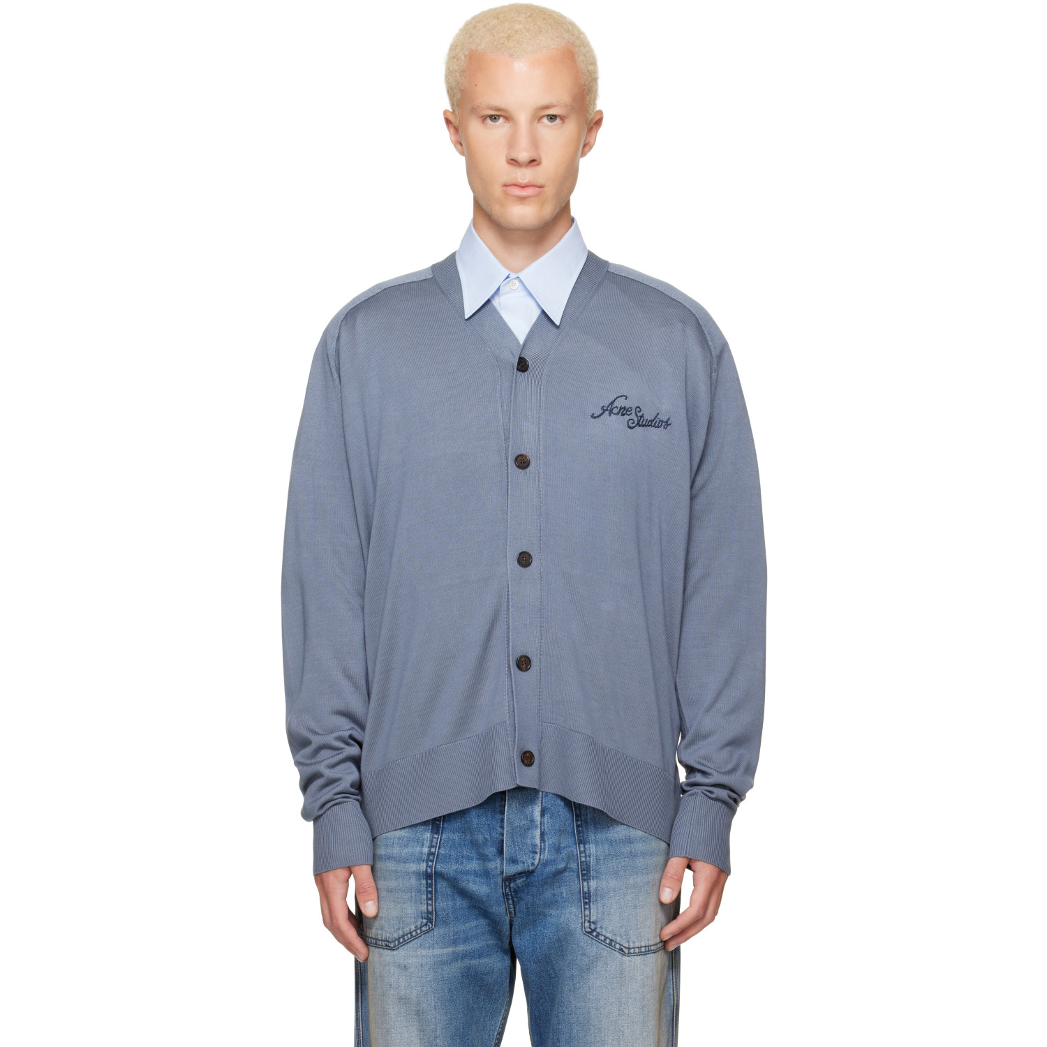 Acne Studios Blue Silk V-Neck Cardigan