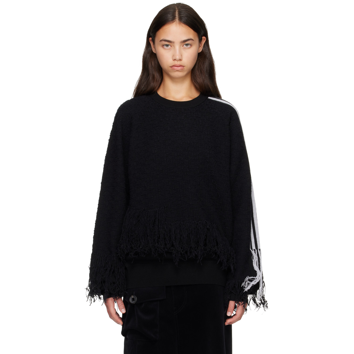Y-3 Black Knitted 3-Stripes Fringy Sweater