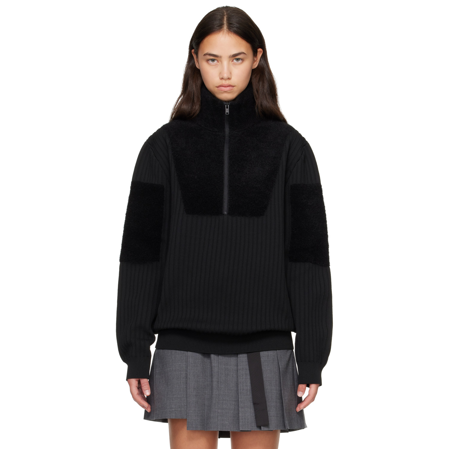 Y-3 Black Knitted Panel Blocked Half Zip Sweater