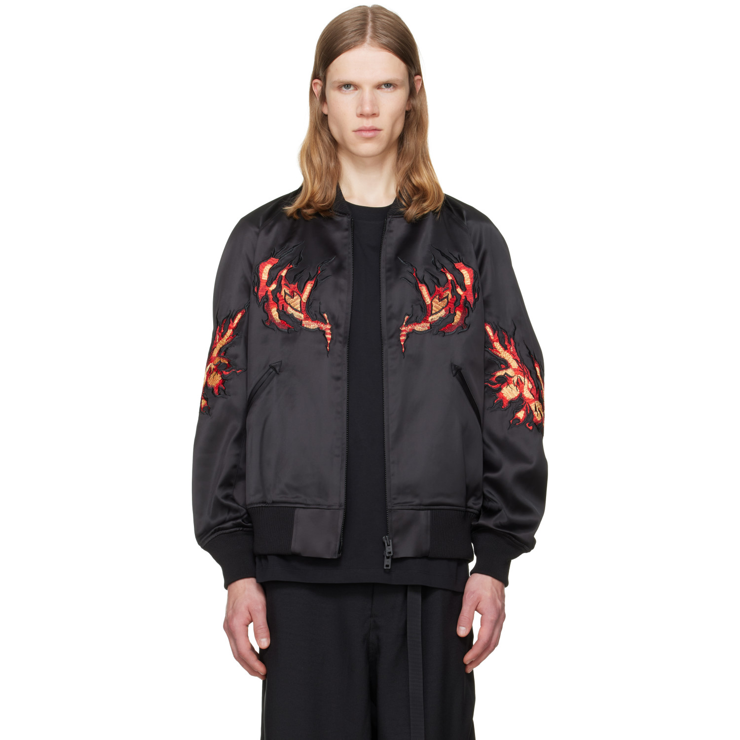 Y-3 Black Embroidered Graphic Satin Souvenir Jacket