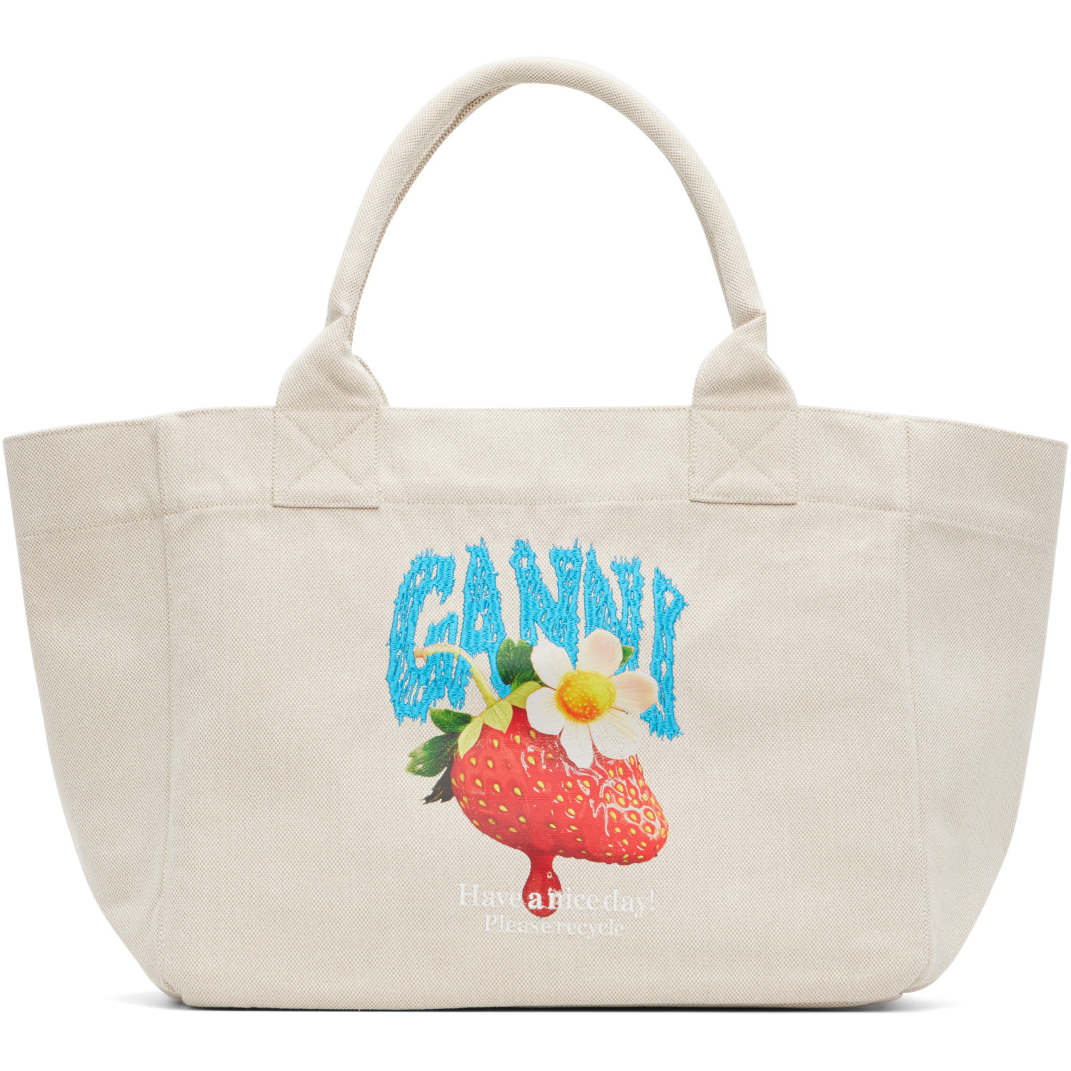 GANNI Beige Medium Trapeze Shopper Strawberry Print Tote