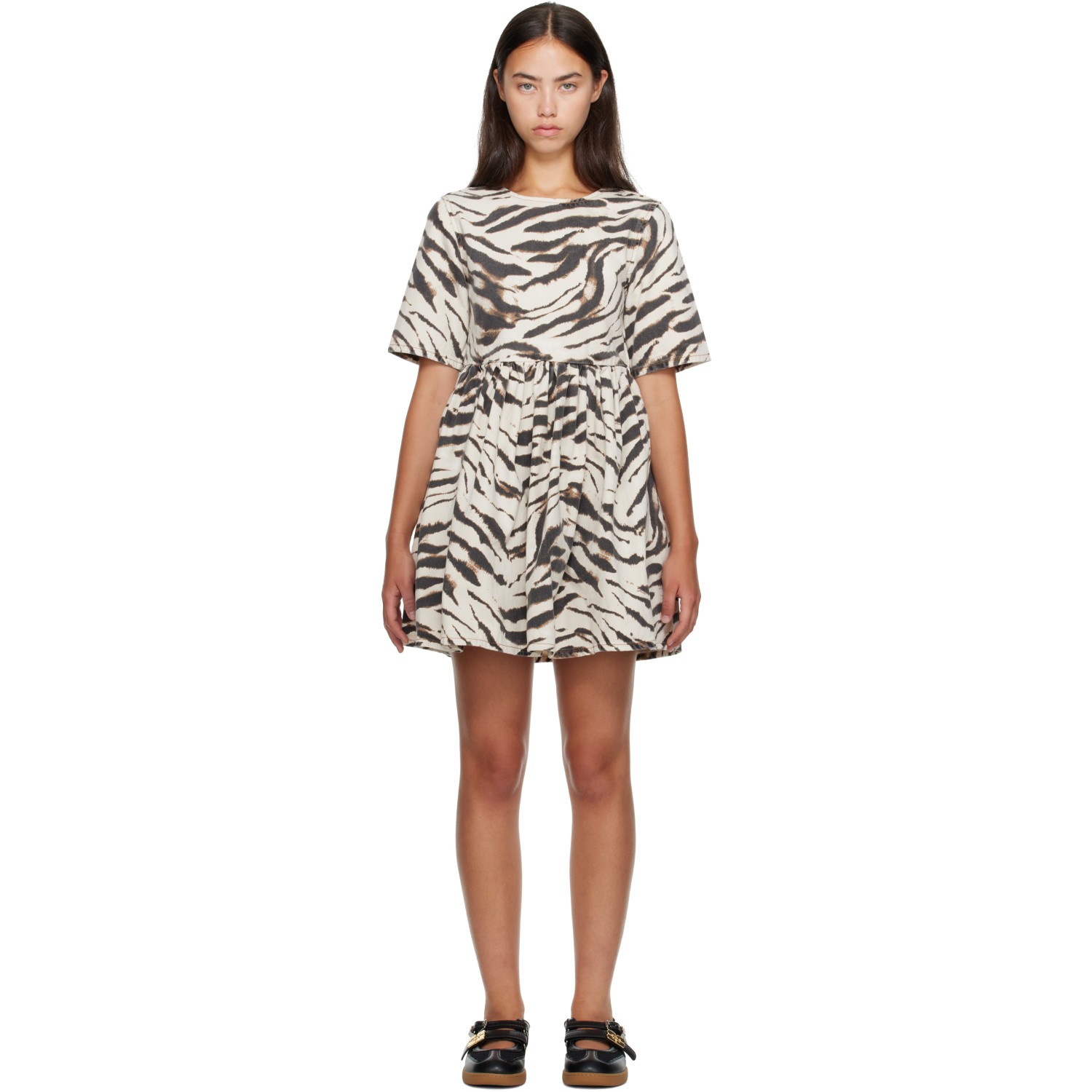GANNI Off-White & Brown Zebra Denim Minidress