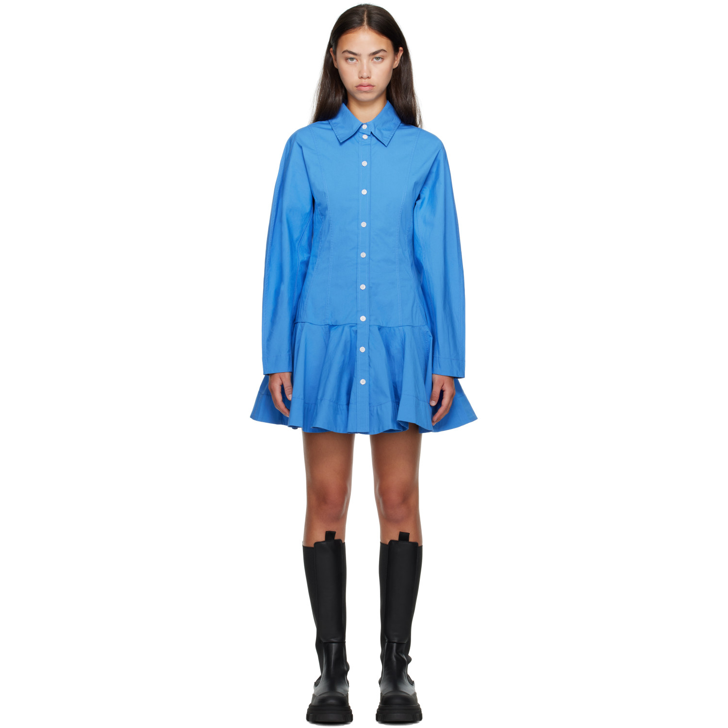 GANNI Blue Cotton Shirt Minidress
