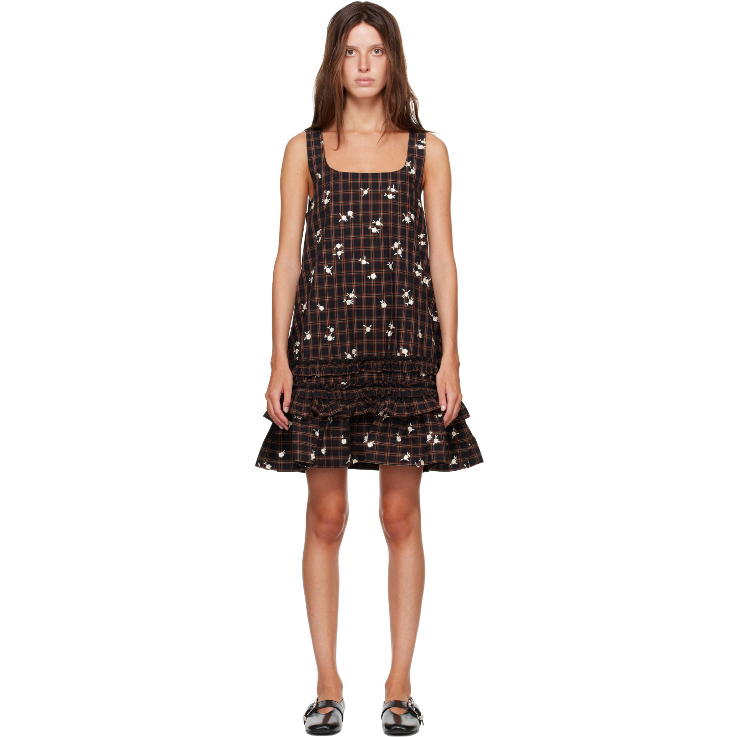 GANNI Brown Printed Check Minidress